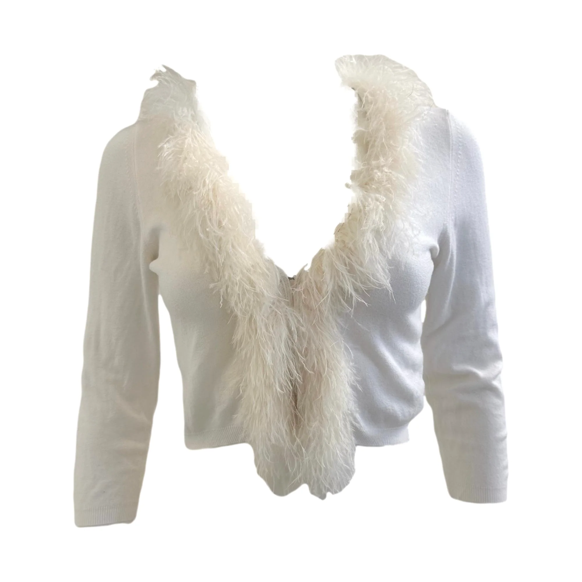 Blumarine Ivory Feather Cropped Cardigan