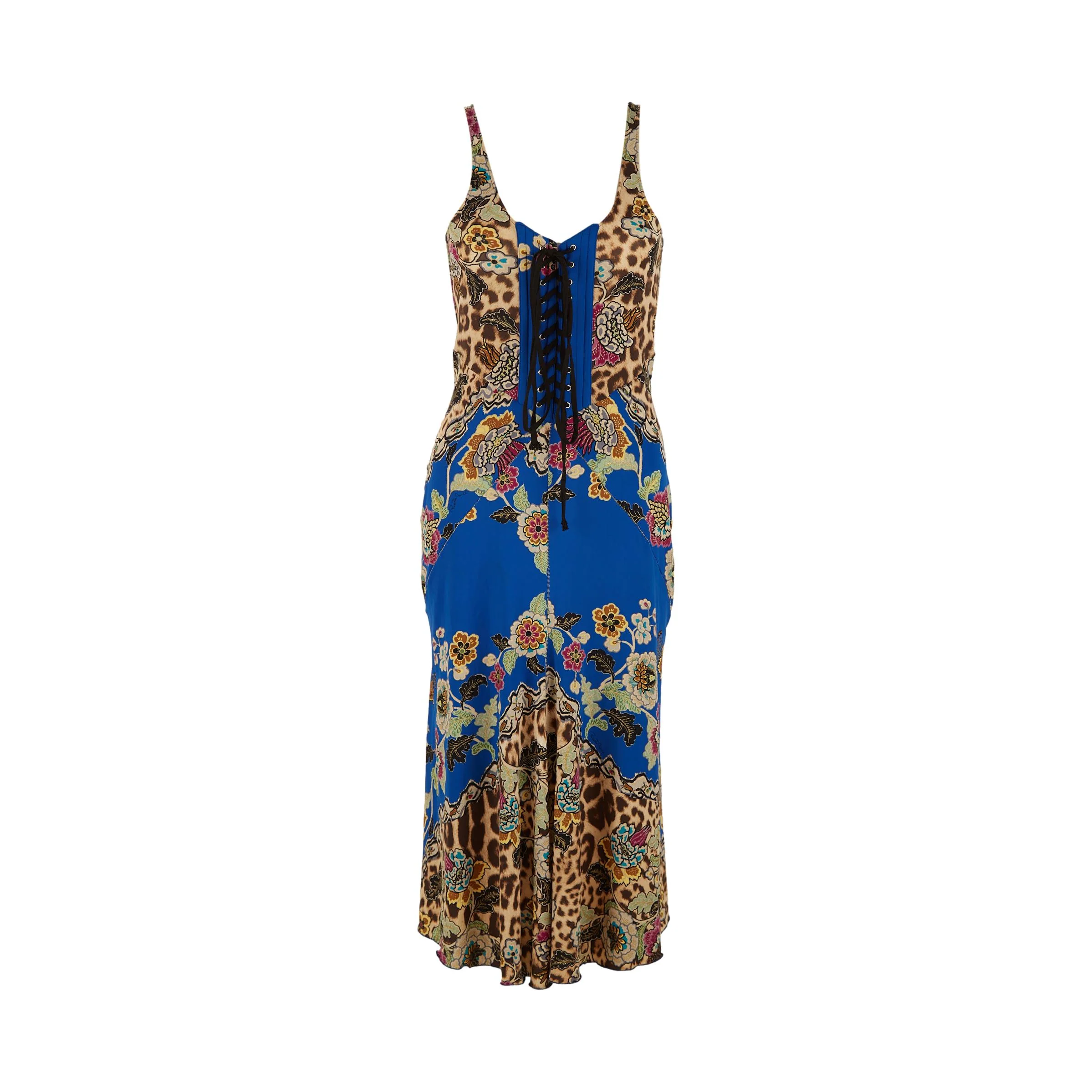Roberto Cavalli Blue Floral Print Tie Dress