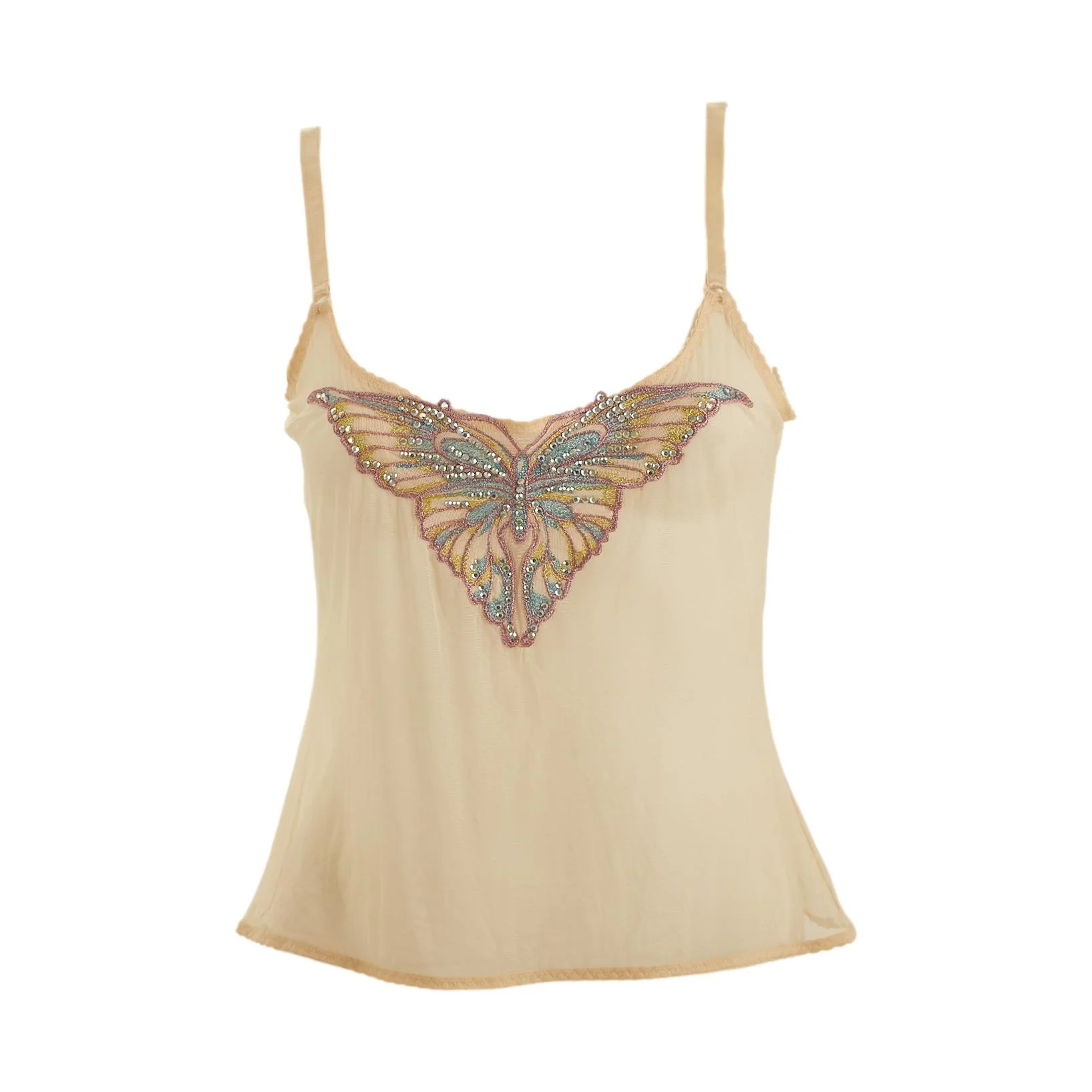 Cavalli Tan Rhinestone Butterfly Mesh Tank
