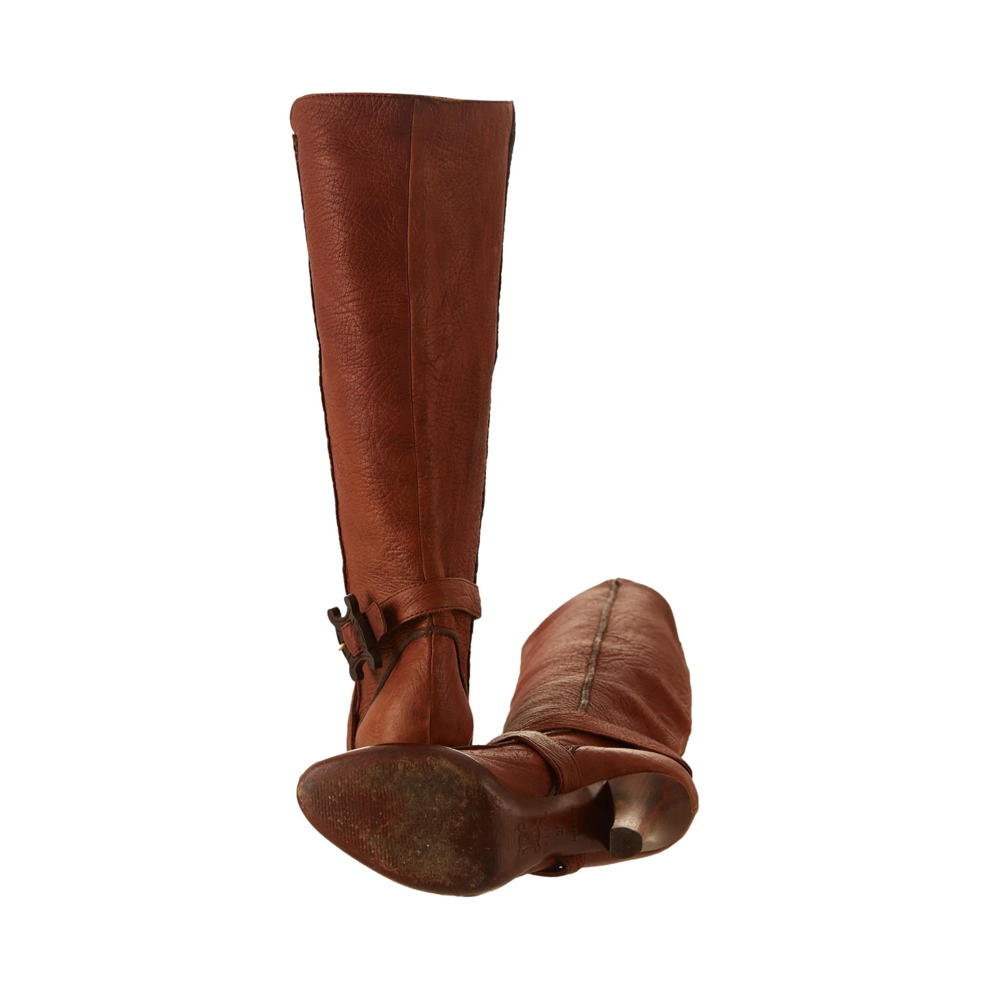 Celine Brown Knee High Logo Buckle Boots - Image 3