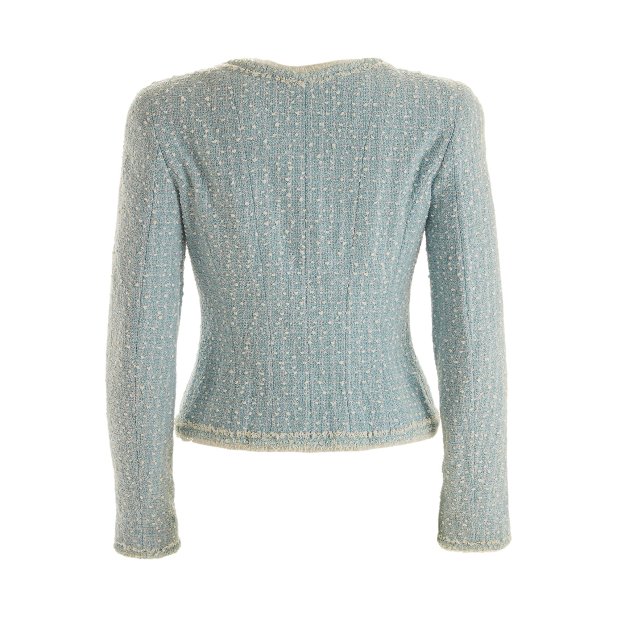 Chanel Baby Blue Logo Button Tweed Jacket - Image 2