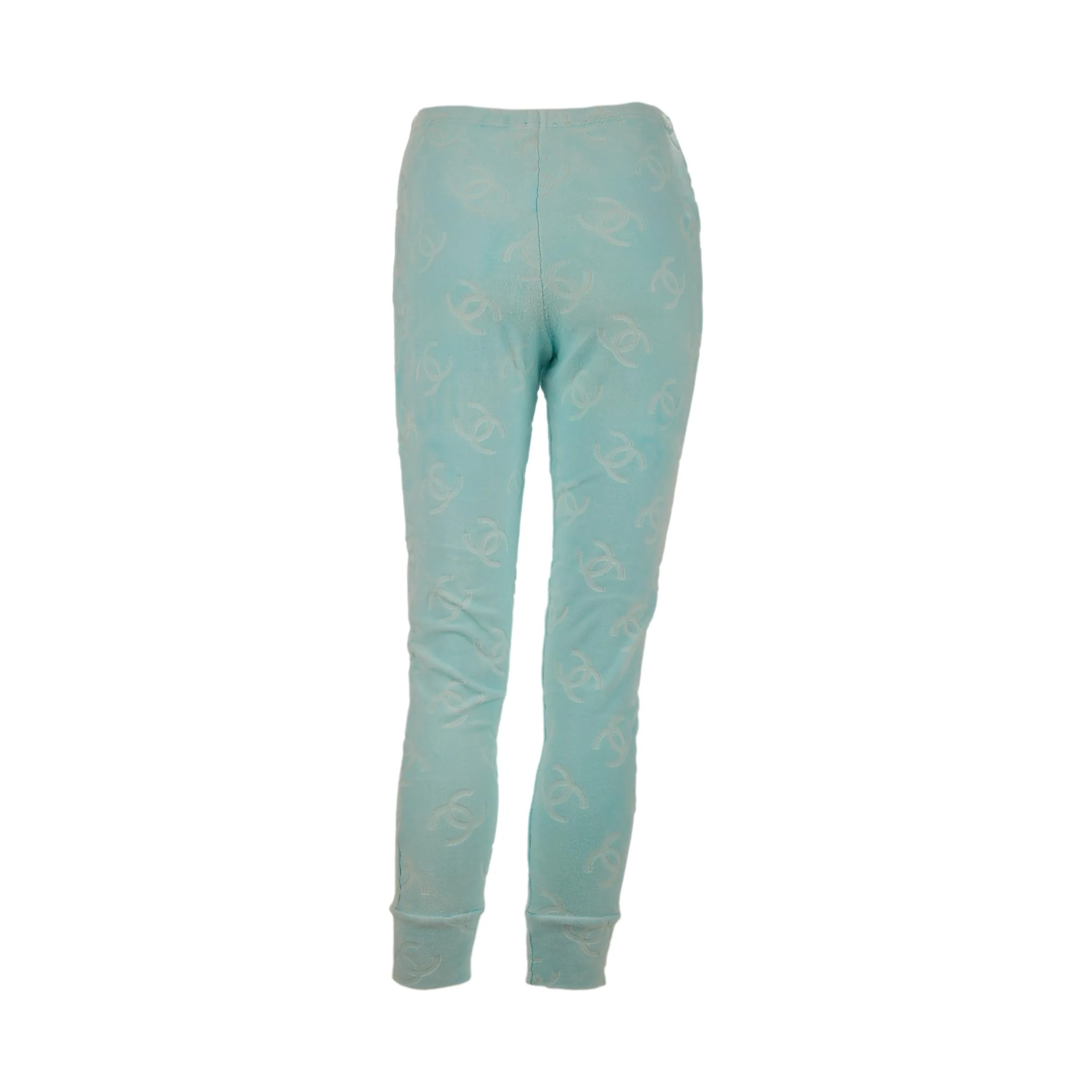 Chanel Baby Blue Logo Velour Pants - Image 2