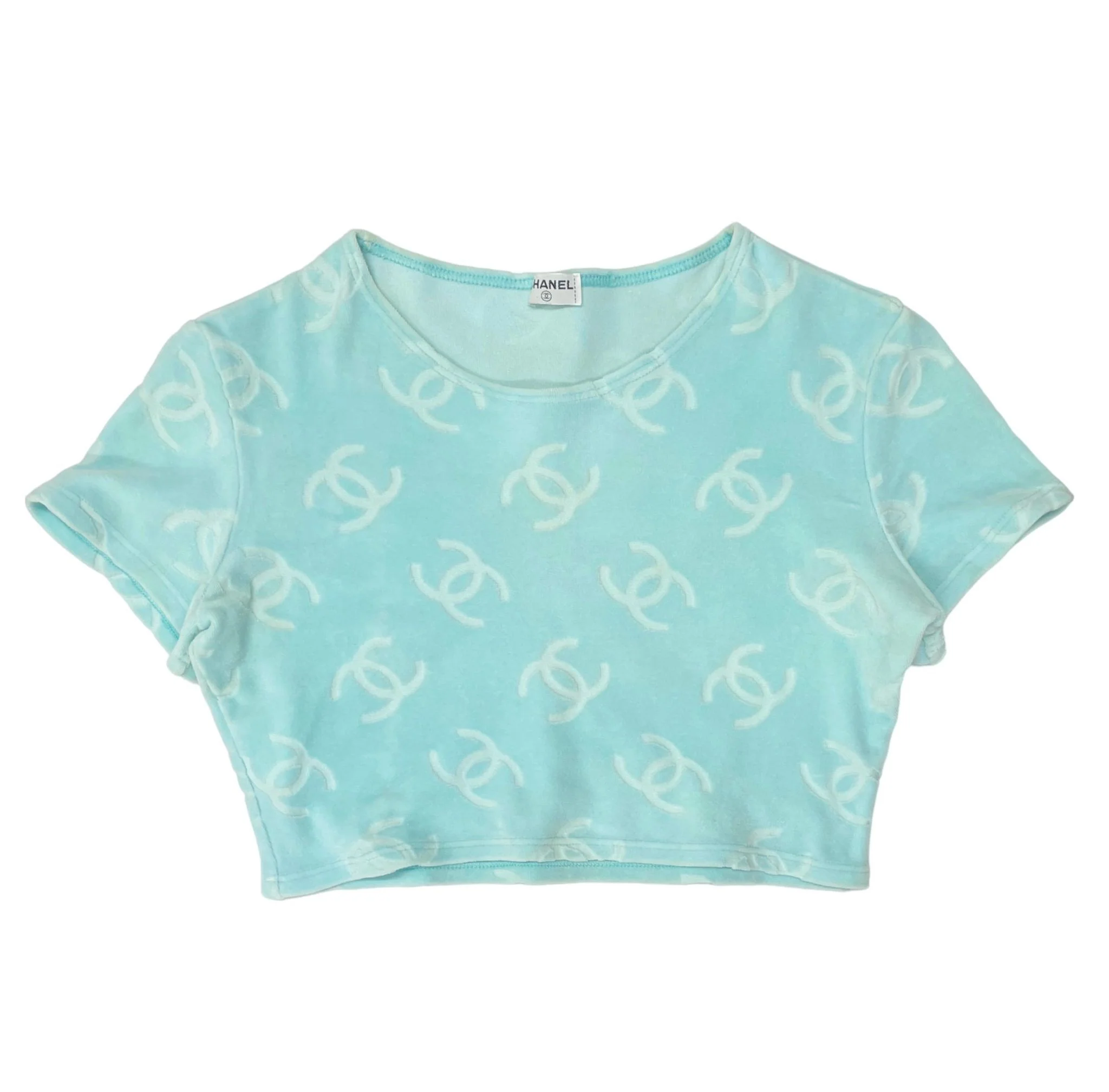Chanel Baby Blue Velour Logo Crop Top