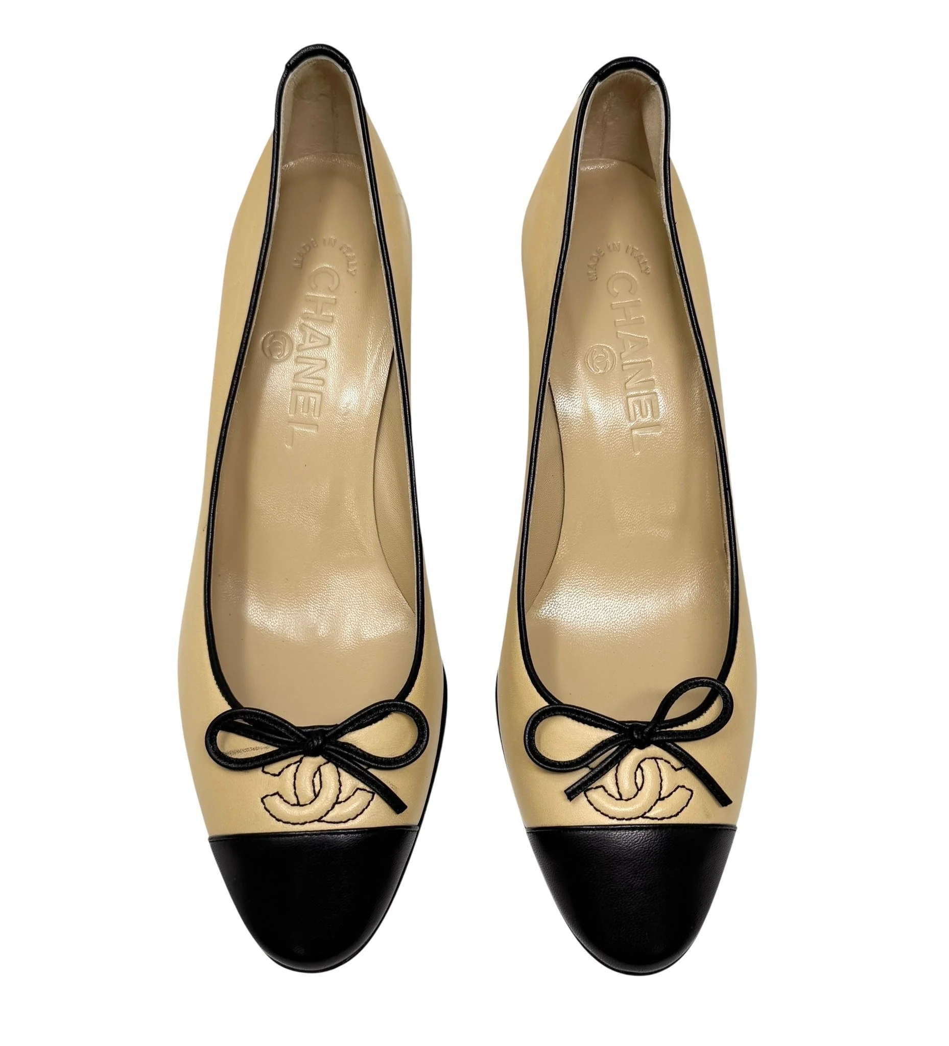 Chanel Beige + Black Leather Heels