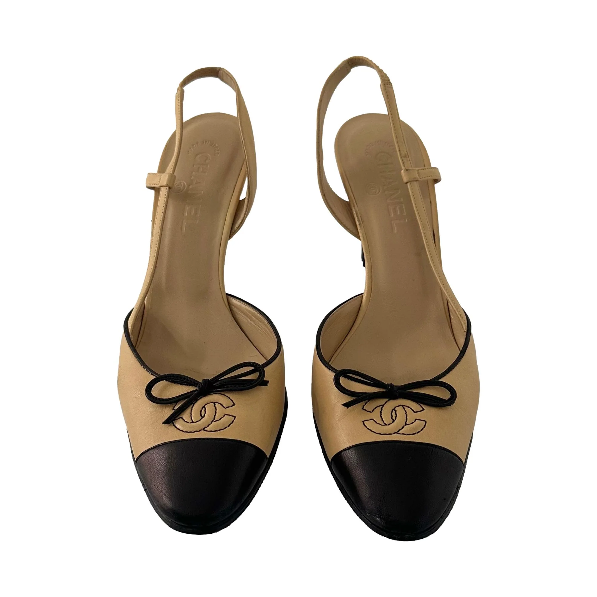 Chanel Beige + Black Leather Slingback Heels