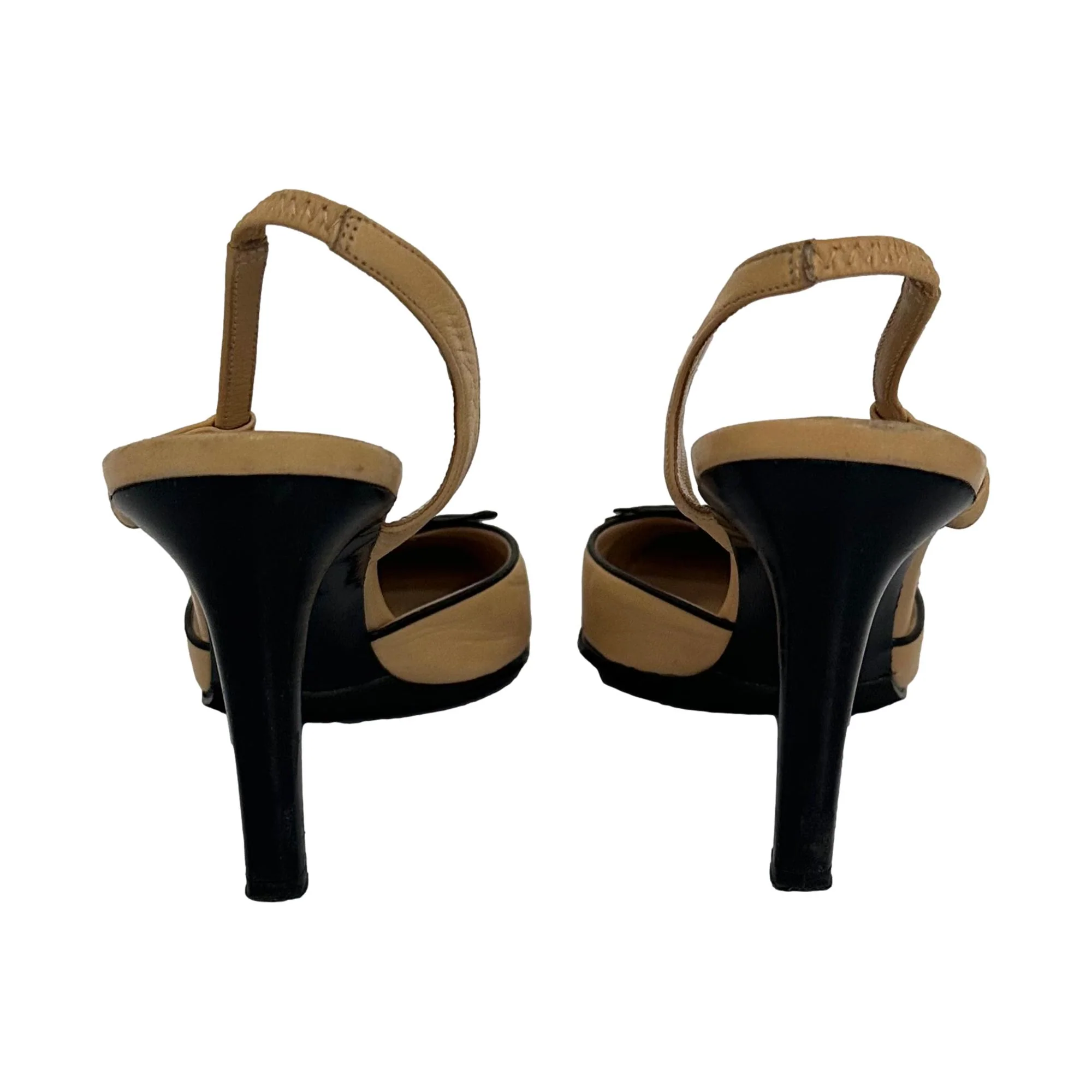 Chanel Beige + Black Leather Slingback Heels - Image 3