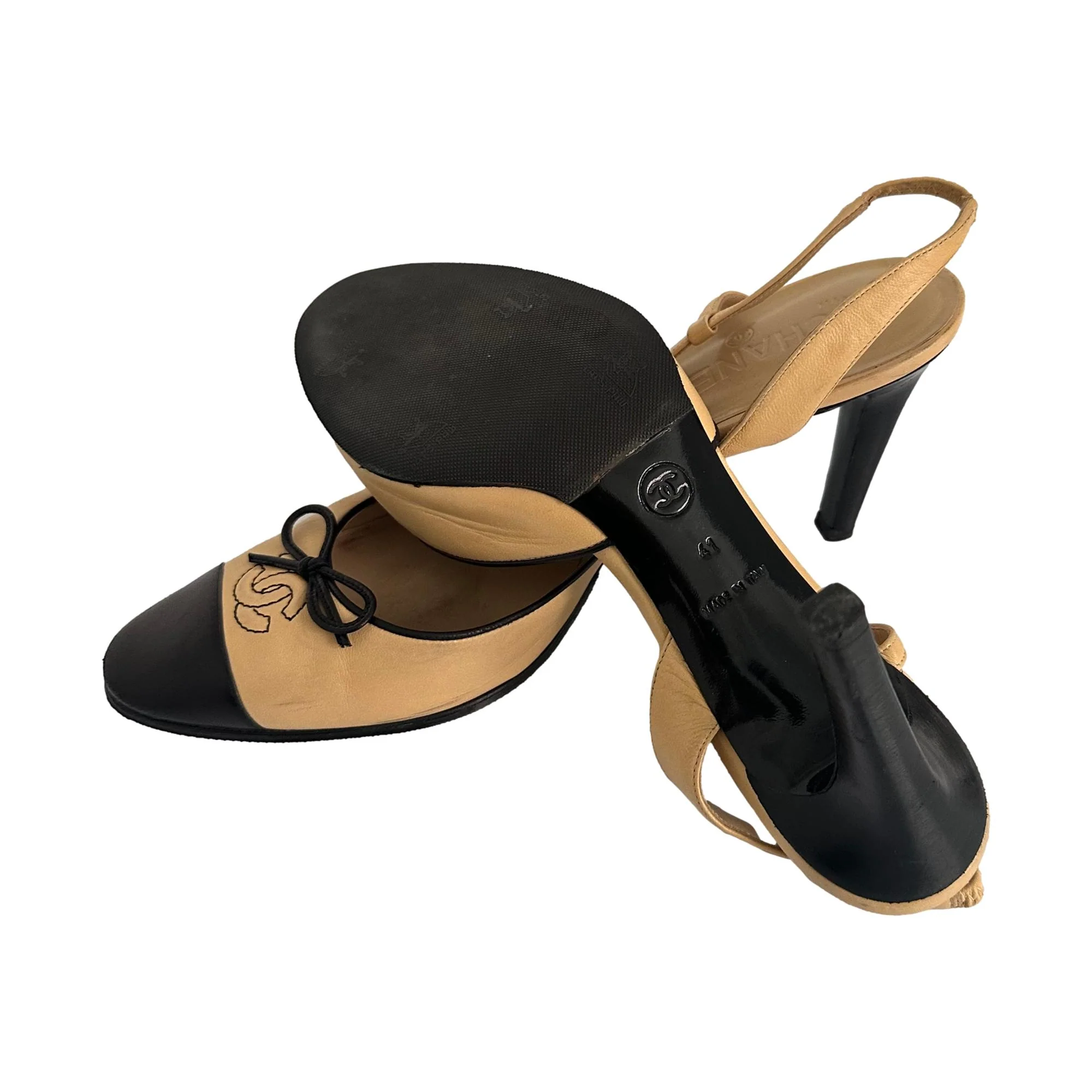 Chanel Beige + Black Leather Slingback Heels - Image 4