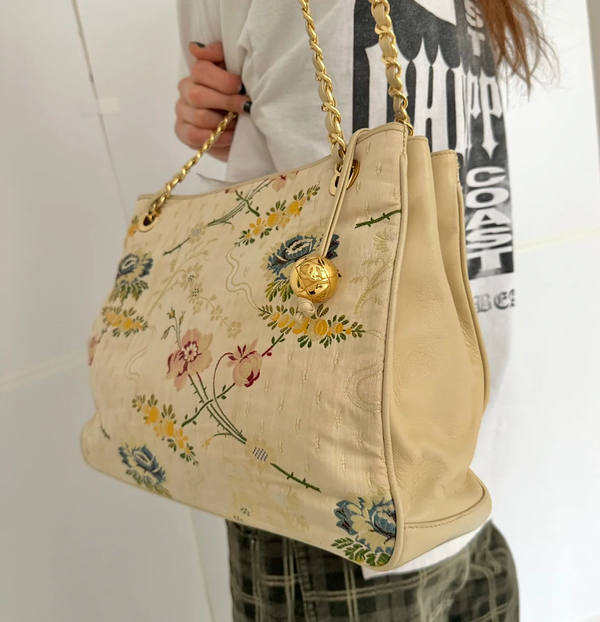 Chanel Beige Floral Embroidered Logo Shoulder Bag
