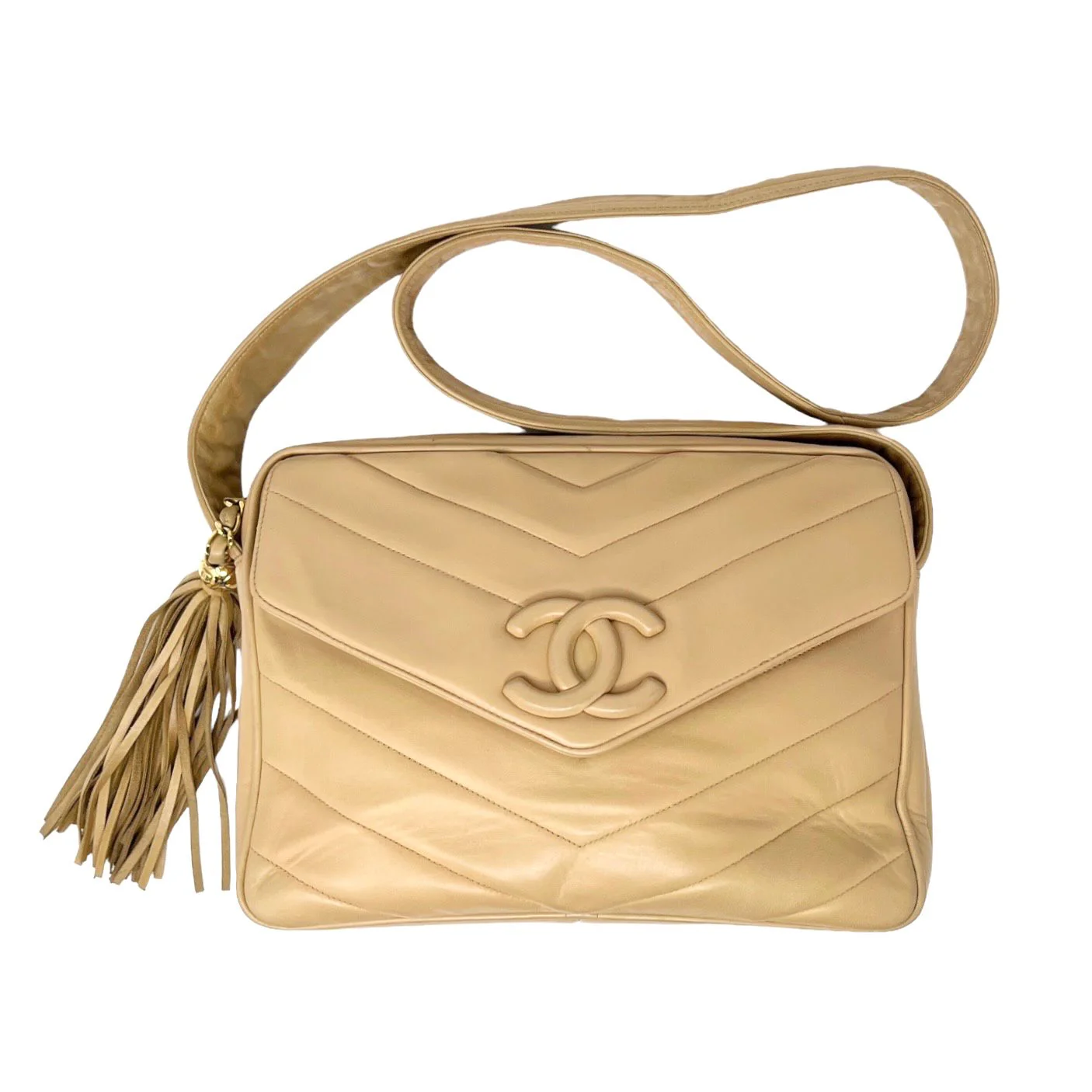 Chanel Beige Logo Chevron Bag