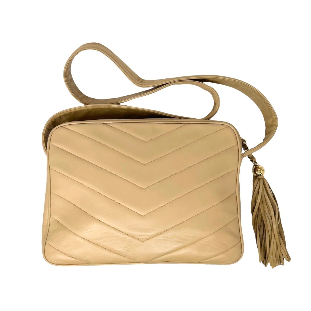 Chanel Beige Logo Chevron Bag - Image 2
