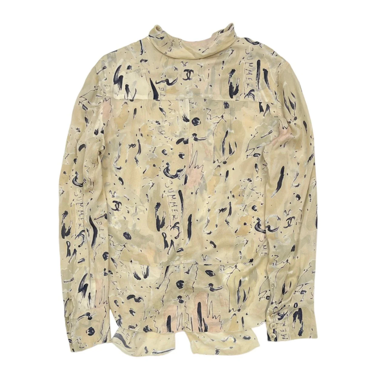 Chanel Beige Logo Print Tie Button Down - Image 2