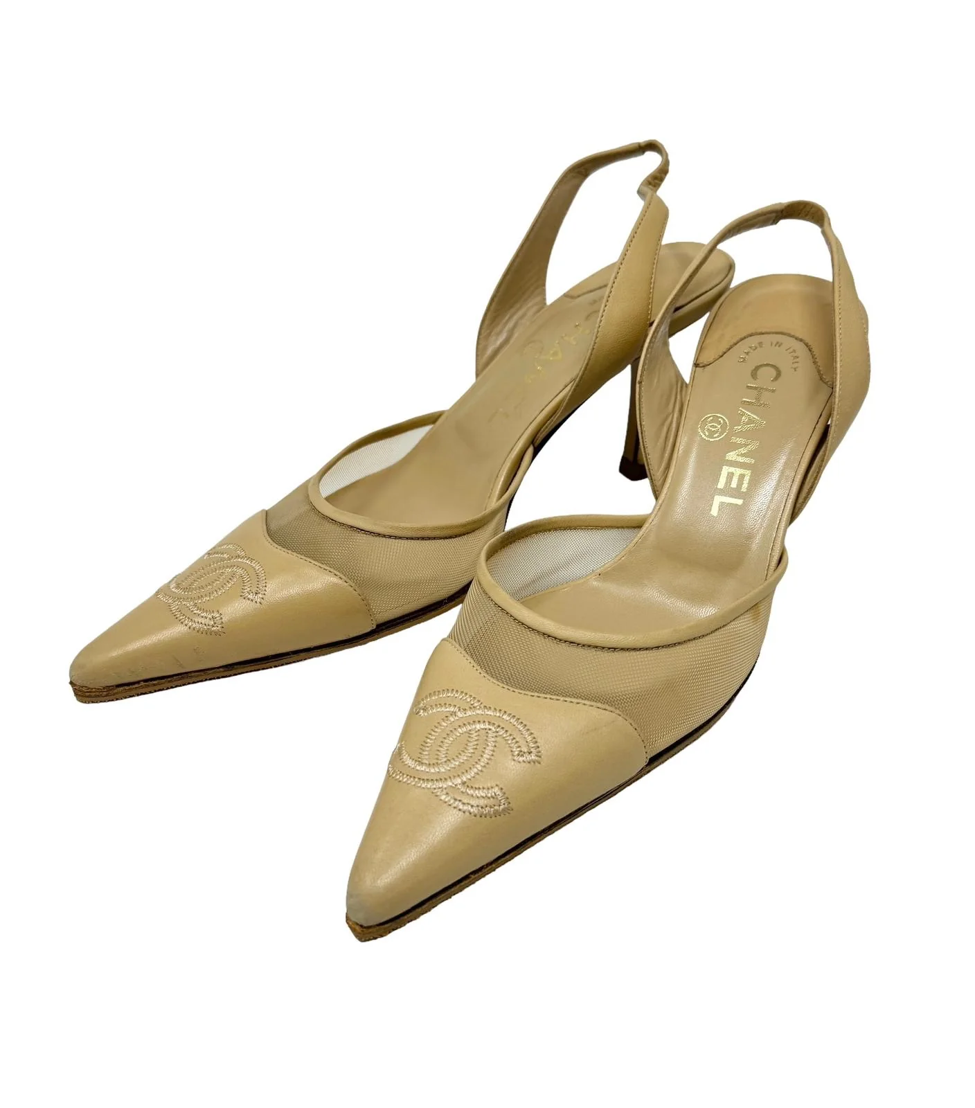 Chanel Beige Mesh Logo Slingback Heels - Image 2