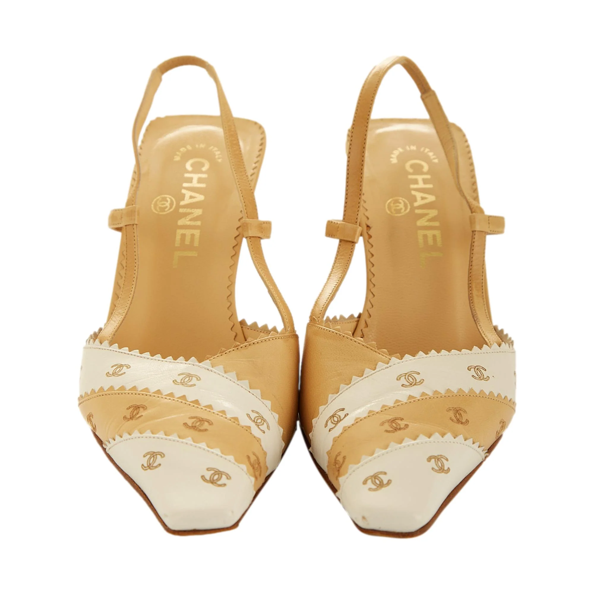 Chanel Beige & White Logo Heels - Image 3