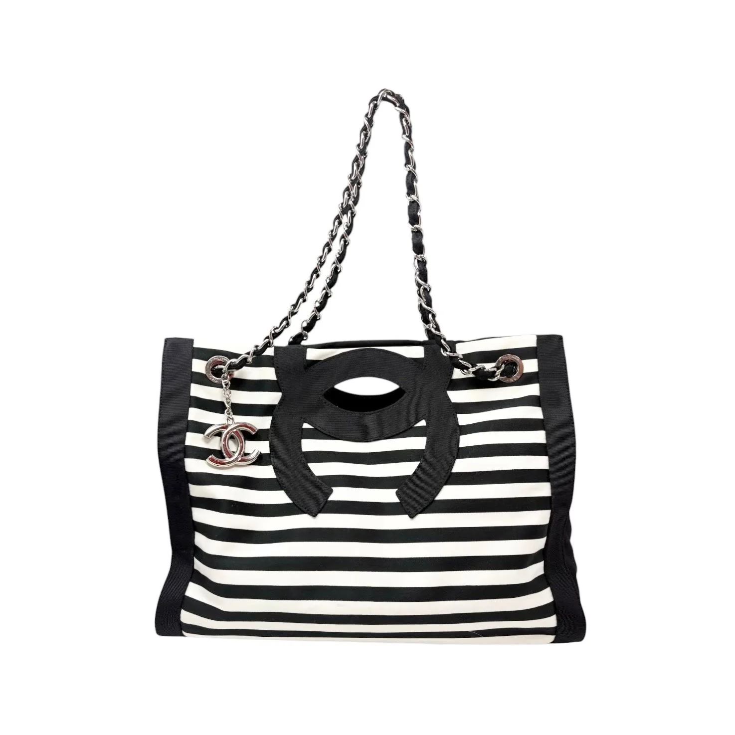 Chanel Black Canvas Striped Chain Bag