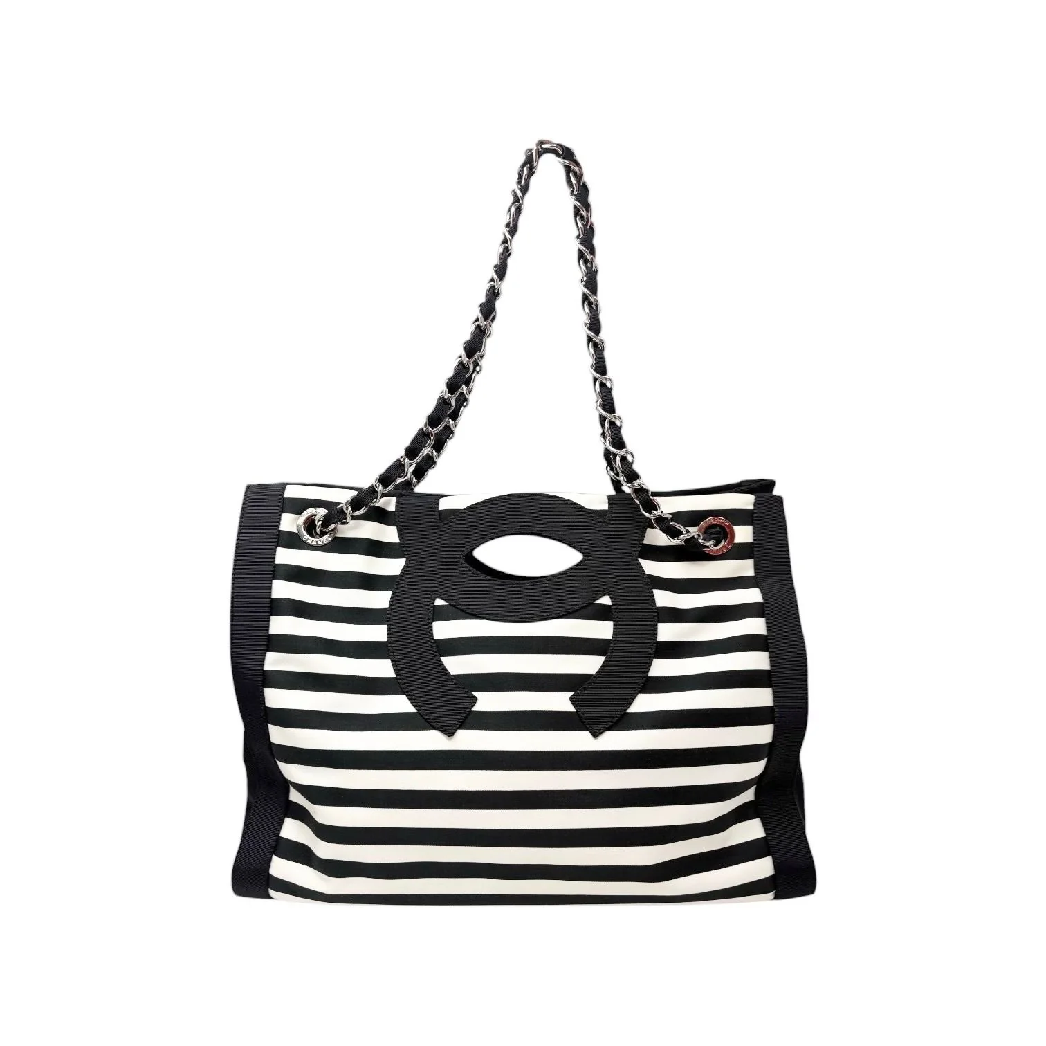 Chanel Black Canvas Striped Chain Bag - Image 2