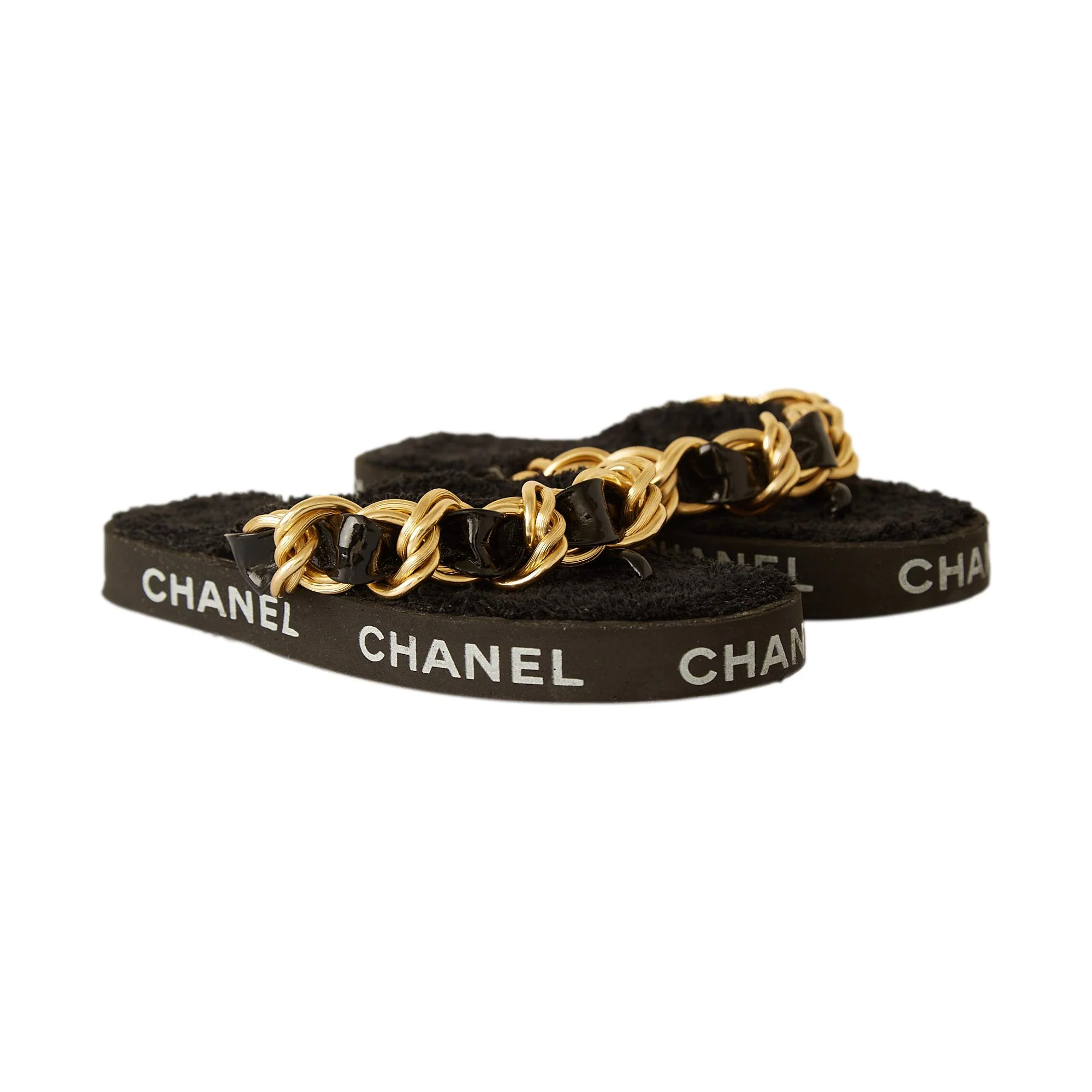 Chanel Black Chain Terrycloth Logo Sandals