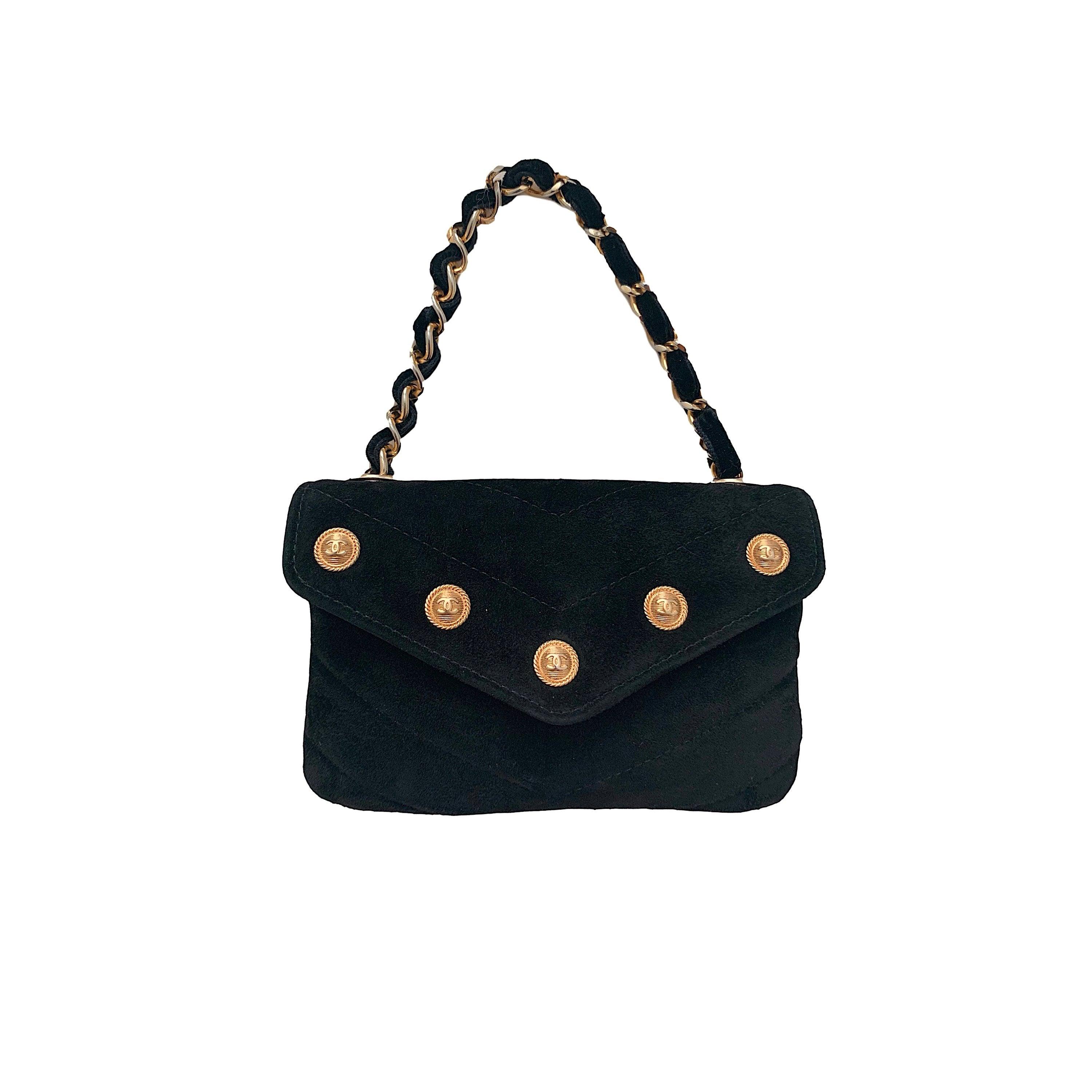 Chanel Black Chevron Suede Mini Chain Flap Bag