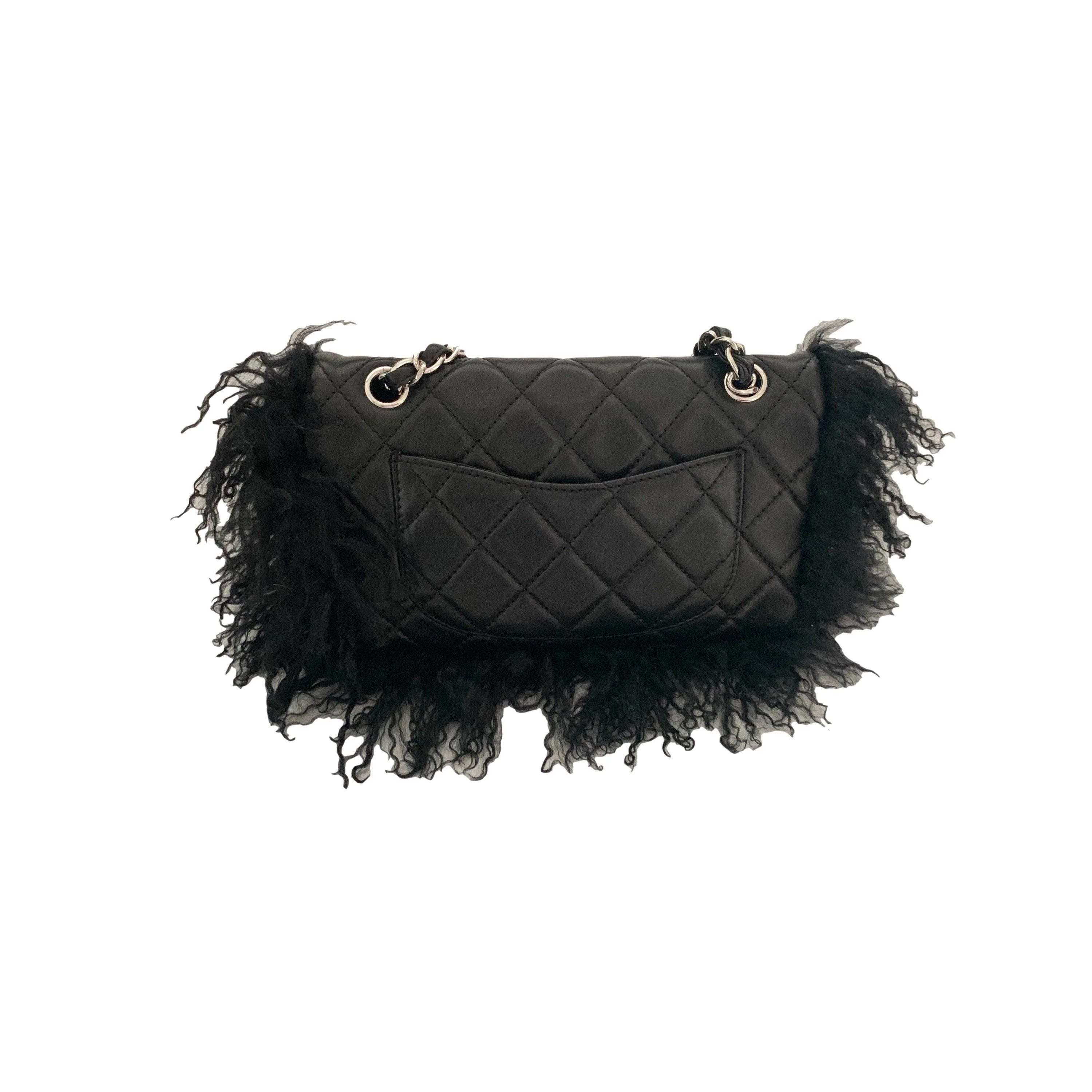 Chanel Black Fur Chain Flap Bag - Image 2