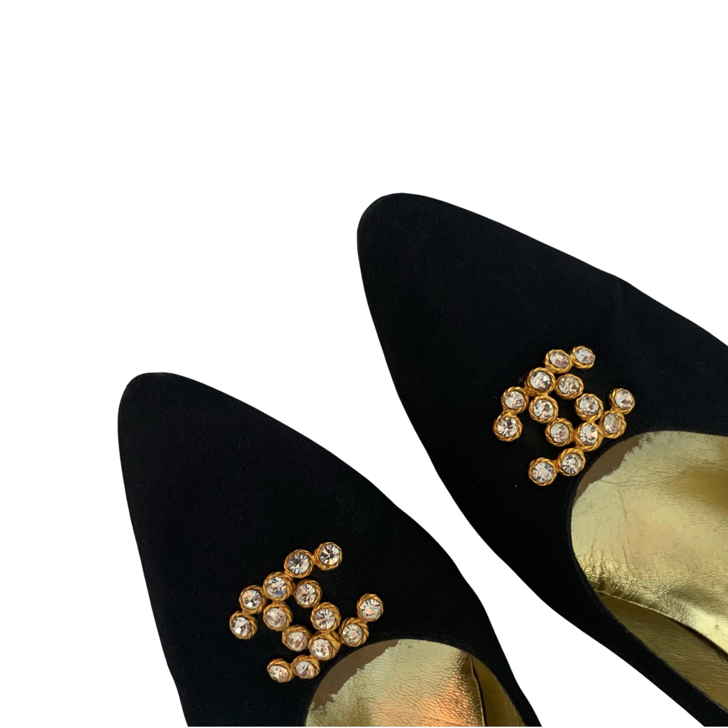 Chanel Black Jumbo Rhinestone Logo Heels - Image 2