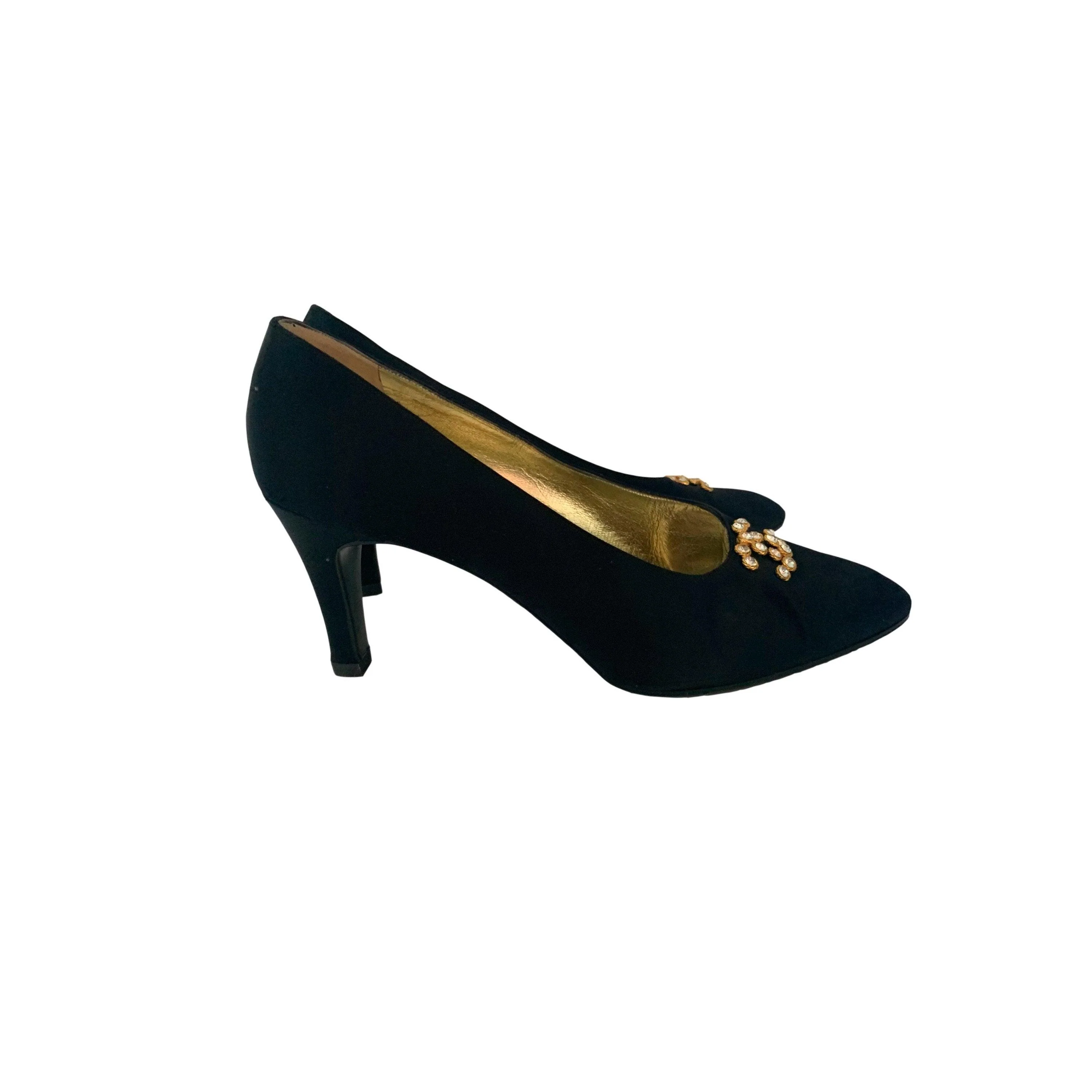 Chanel Black Jumbo Rhinestone Logo Heels - Image 4