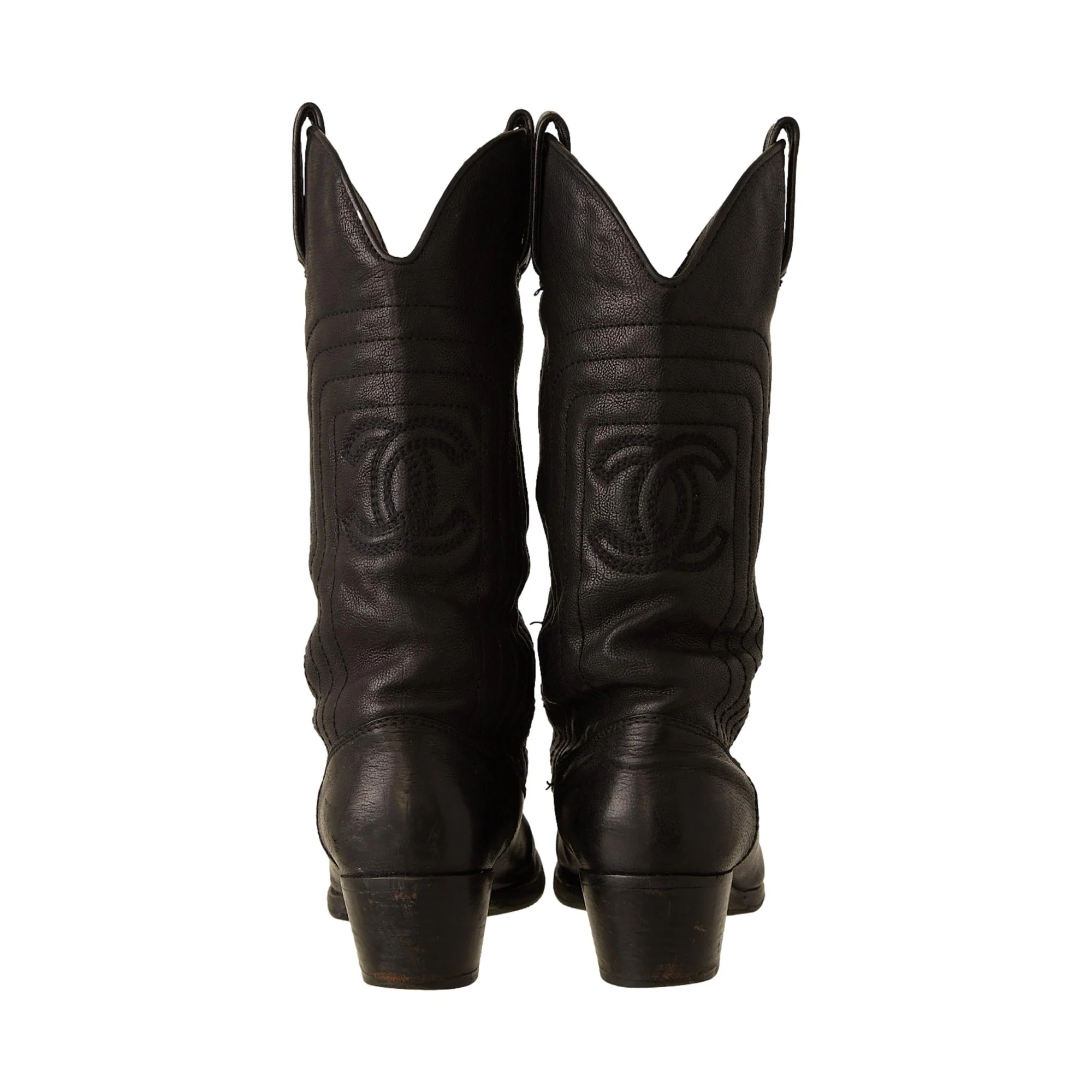 Chanel Black Leather Logo Cowboy Boots - Image 2