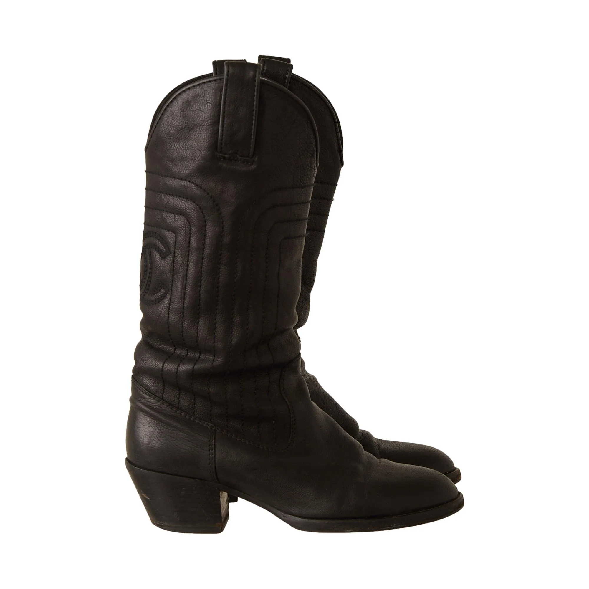 Chanel Black Leather Logo Cowboy Boots - Image 3