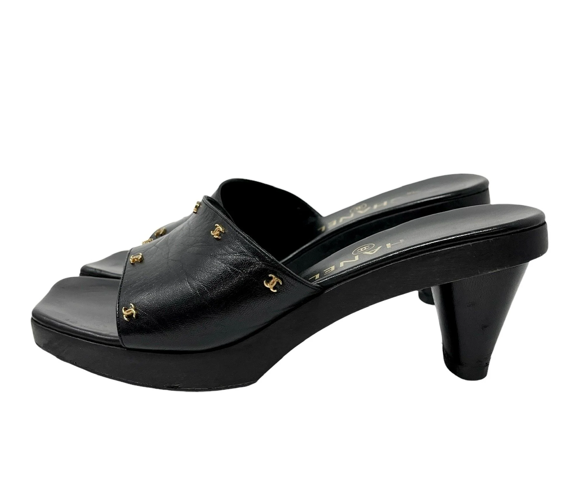 Chanel Black Leather Platform Logo Heels - Image 2