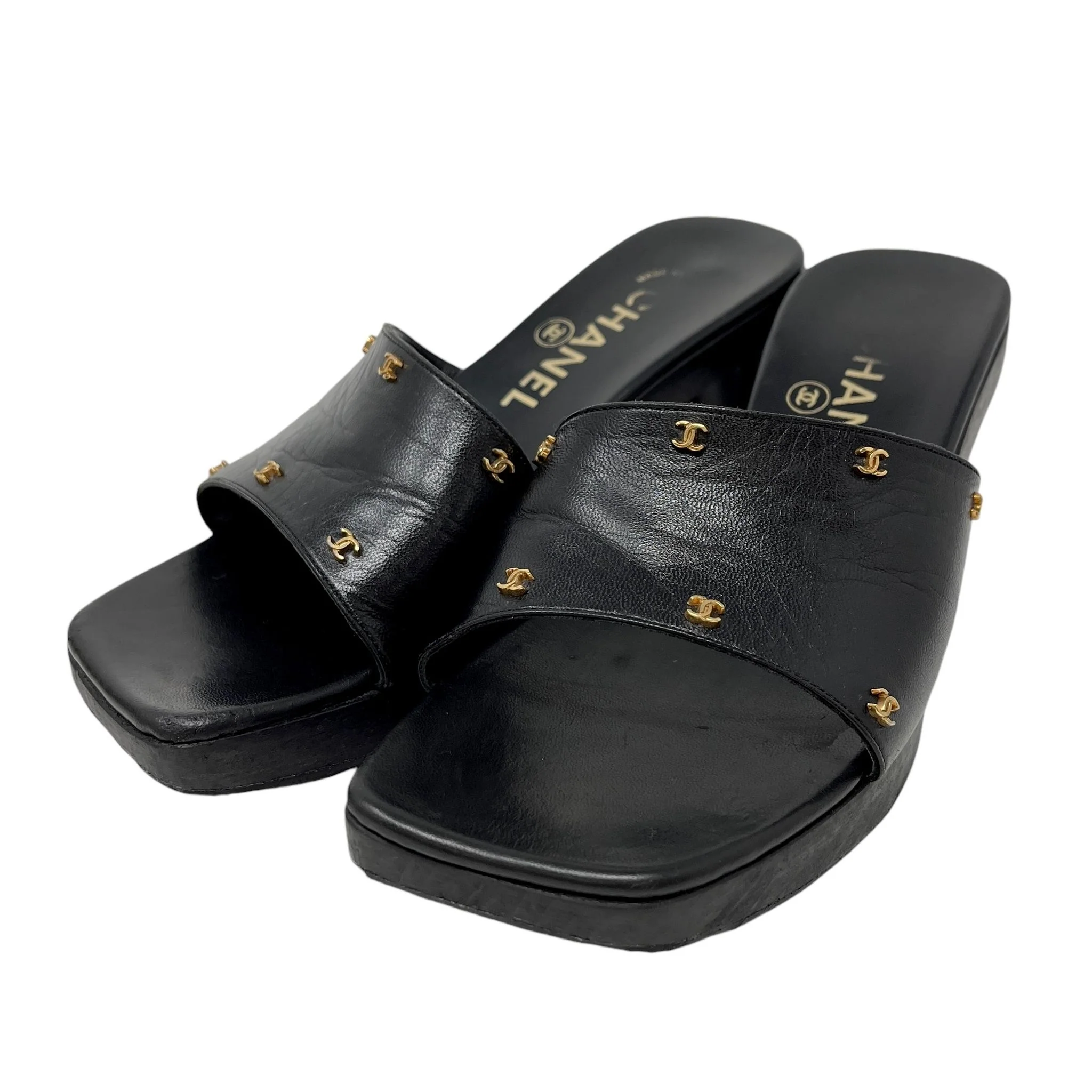 Chanel Black Leather Platform Logo Heels - Image 3