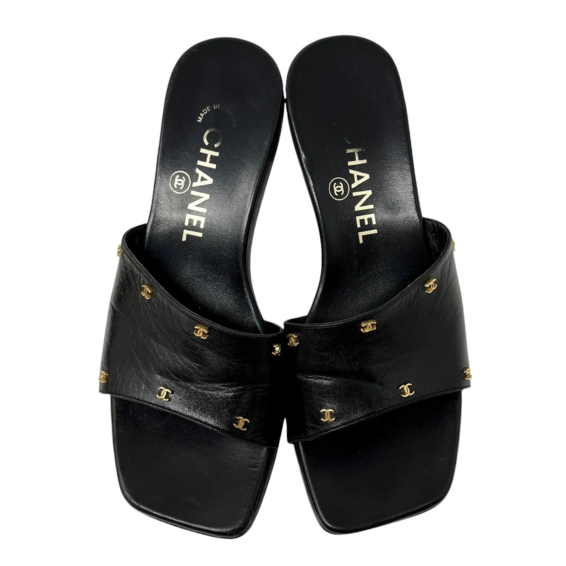 Chanel Black Leather Platform Logo Heels - Image 4