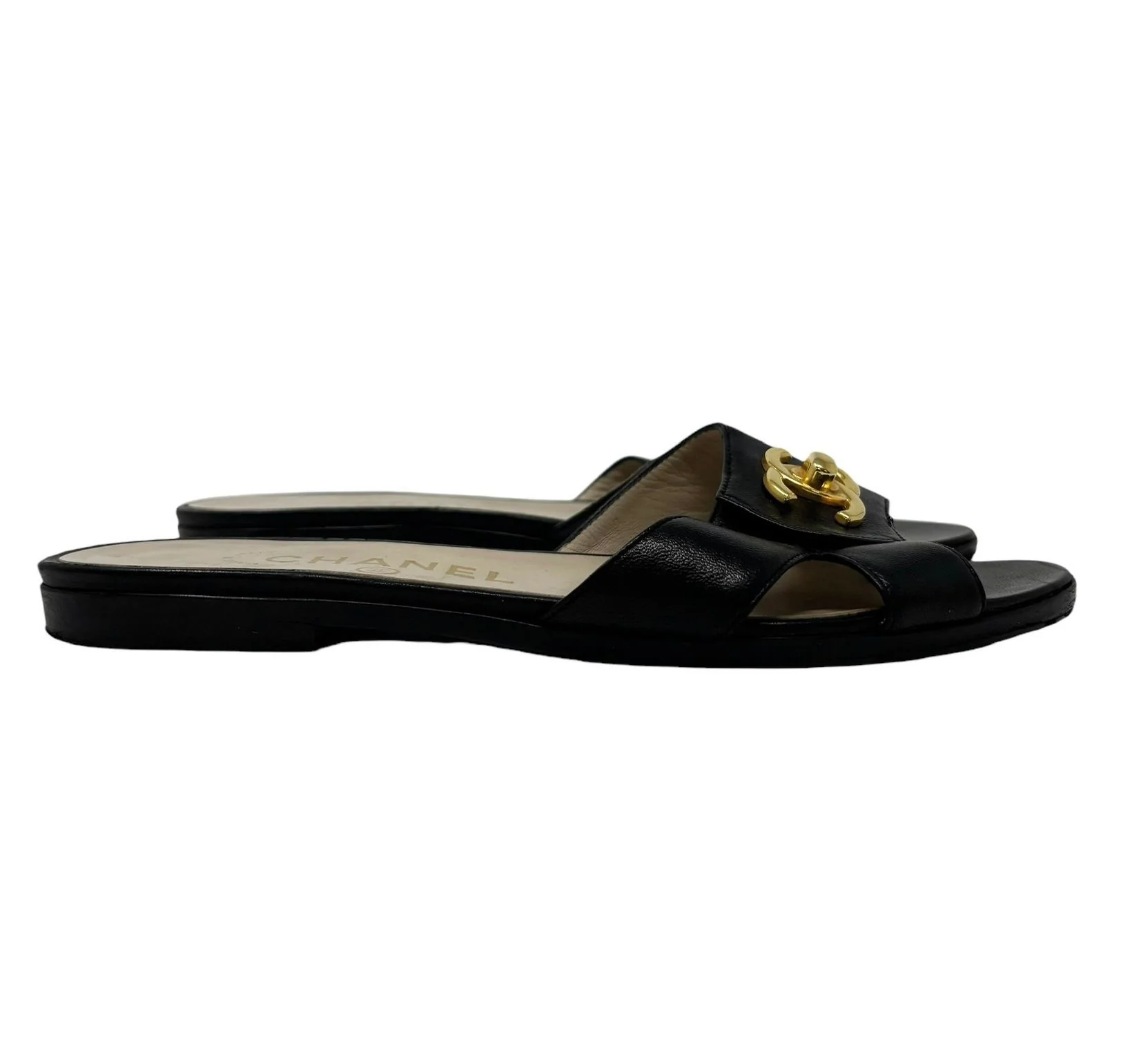 Chanel Black Leather Turnlock Logo Sandals - Image 2