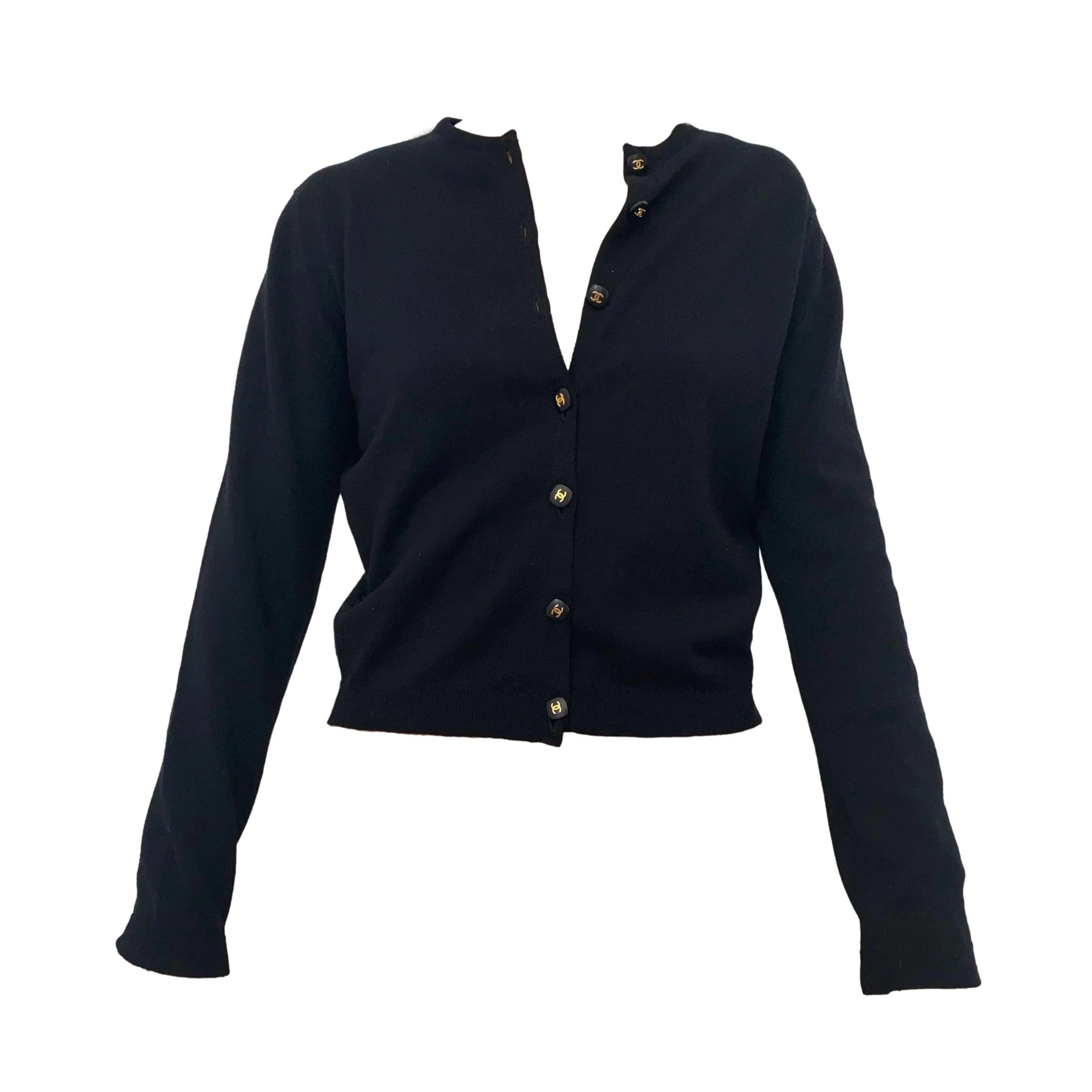 Chanel Black Logo Button Cardigan