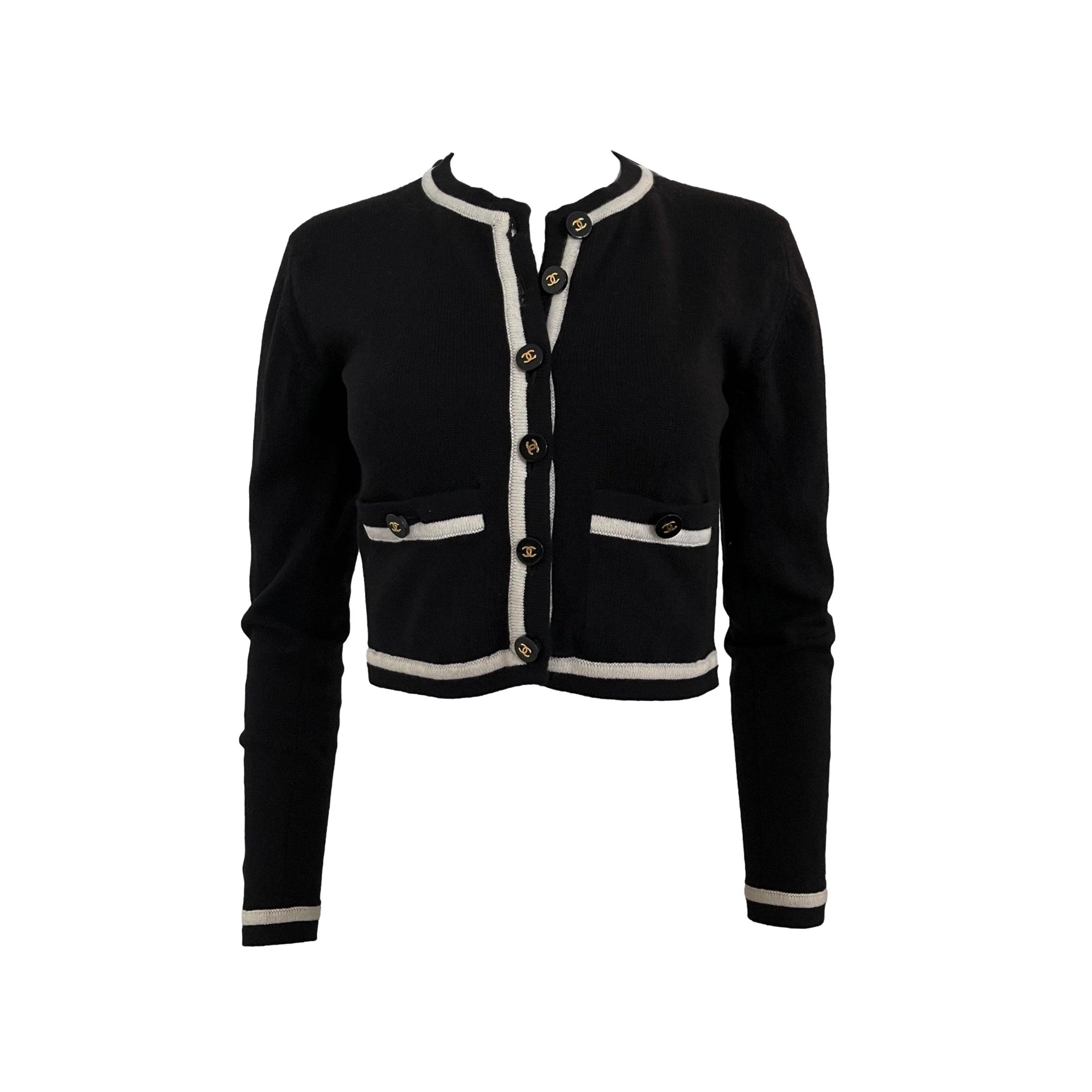 Chanel Black Logo Button Cropped Cardigan