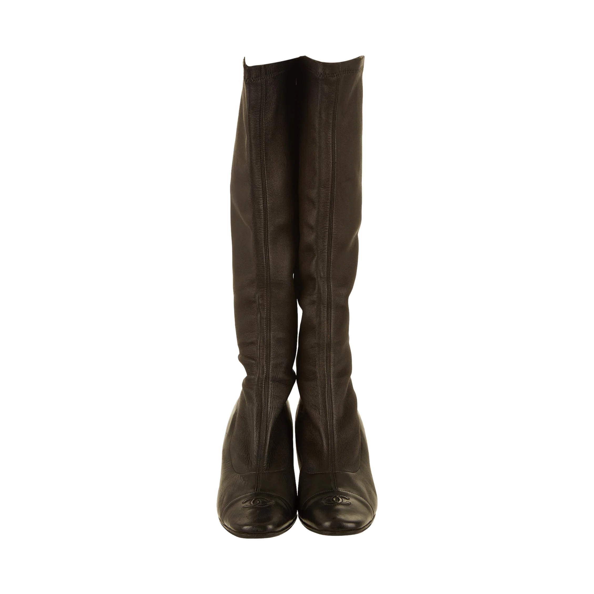 Chanel Black Logo Knee High Leather Boots - Image 2