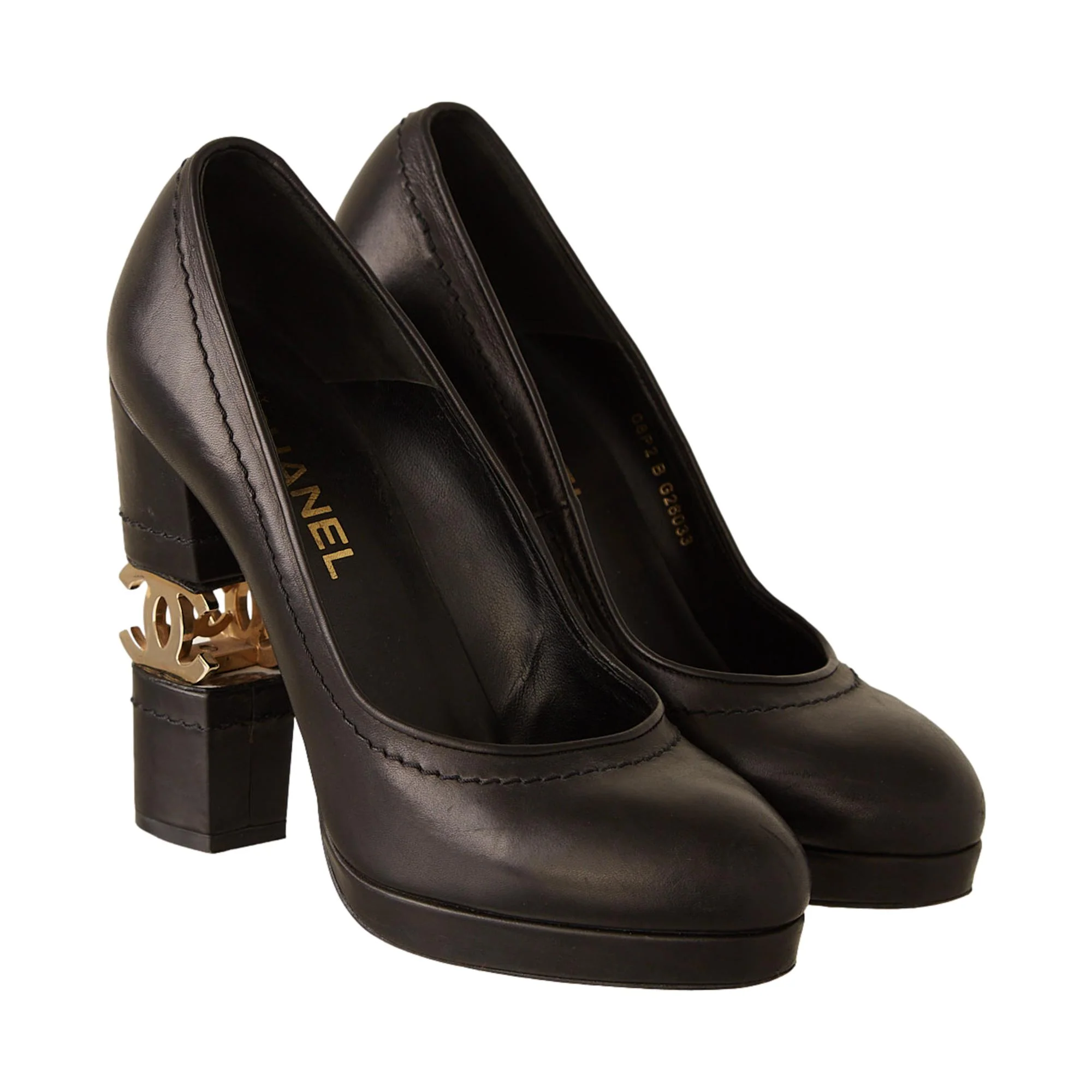 Chanel Black Cutout Hardware Logo Heels - Image 2