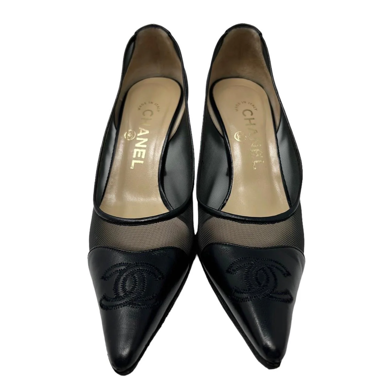 Chanel Black Logo Mesh Heels - Image 2