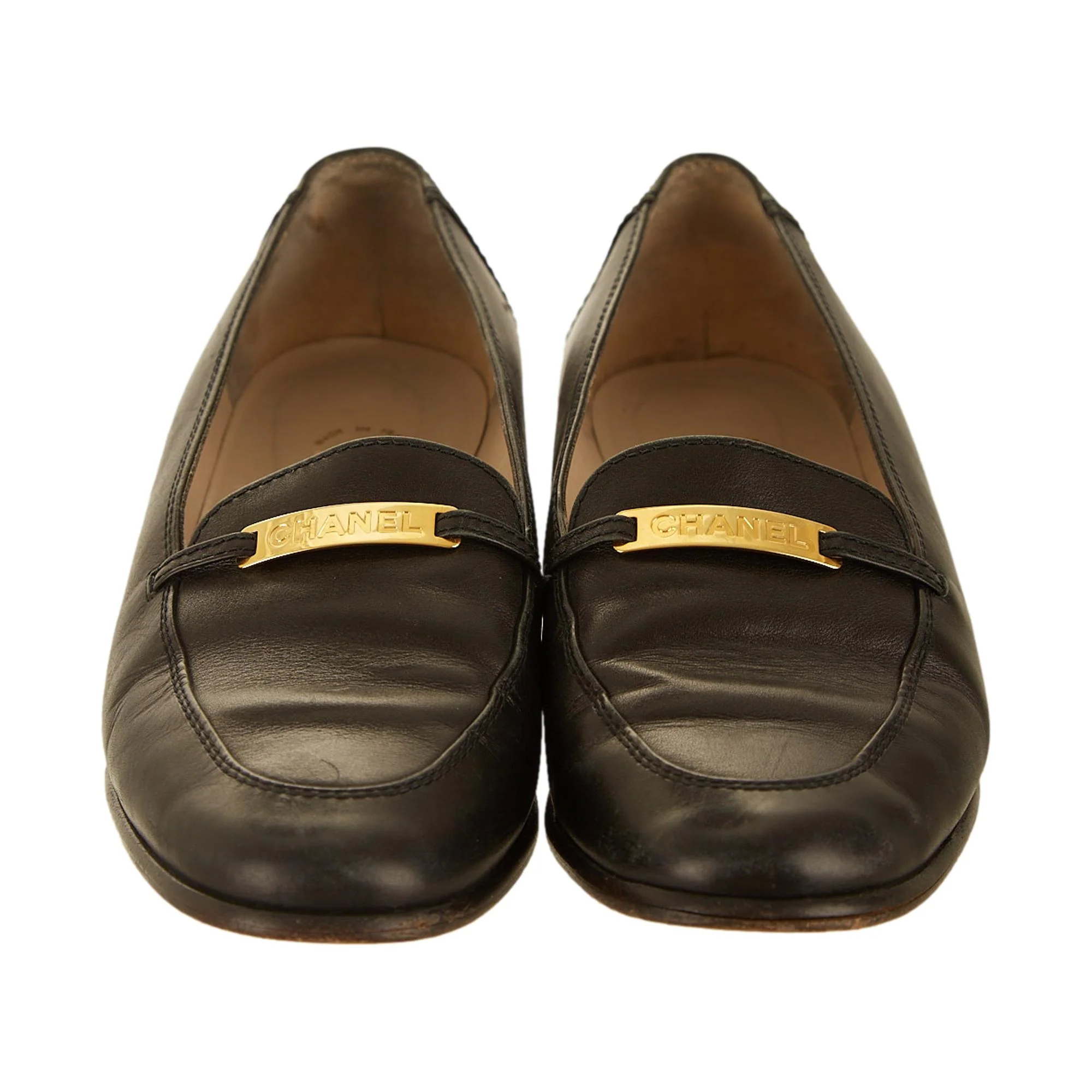 Chanel Black Logo Plaque Loafers - Image 2