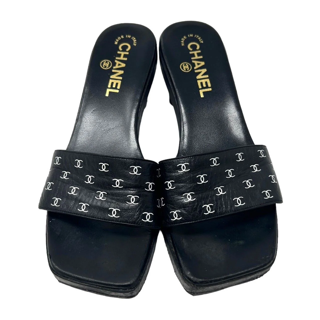 Chanel Black Logo Print Block Heels - Image 3