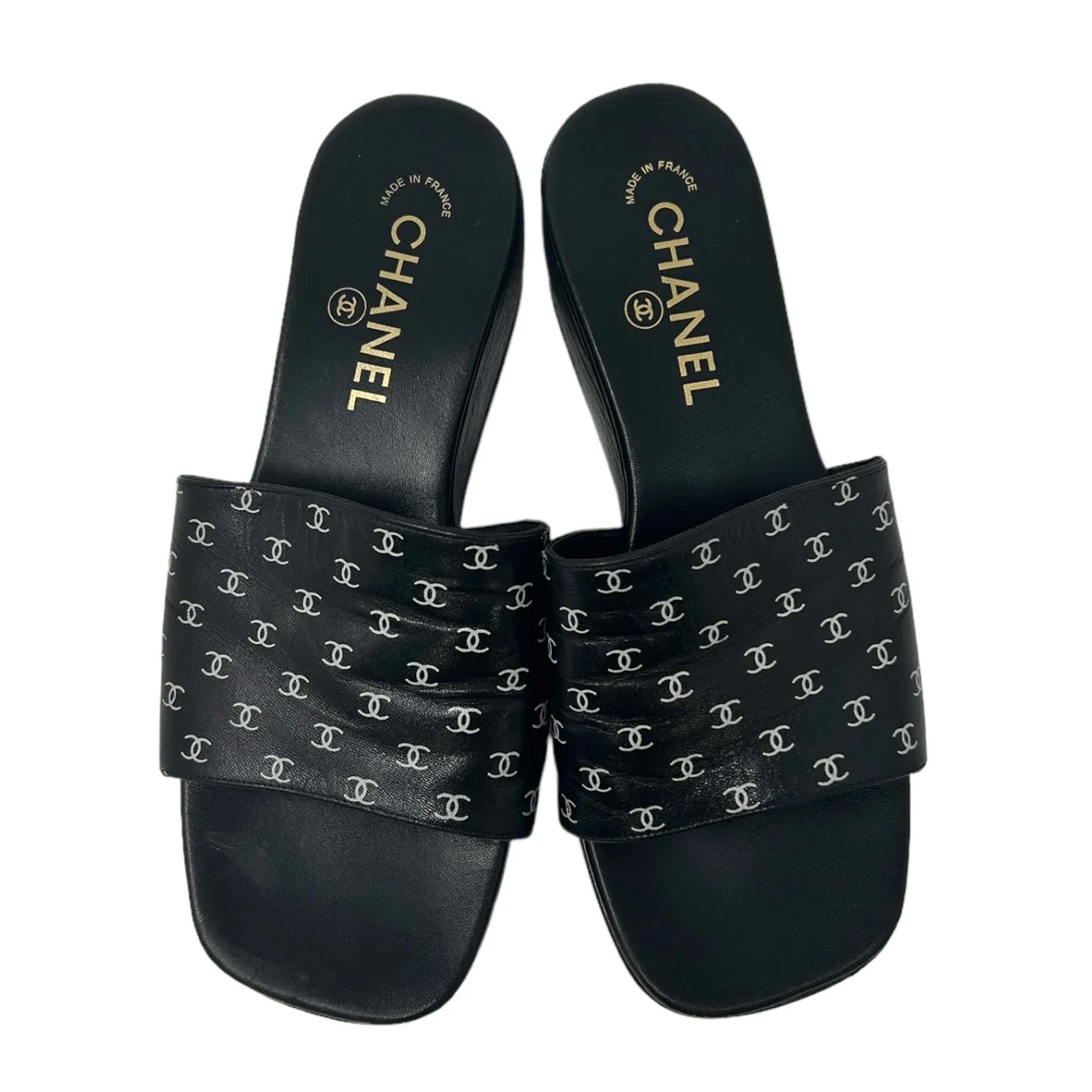 Chanel Black Logo Print Platform Heels - Image 2