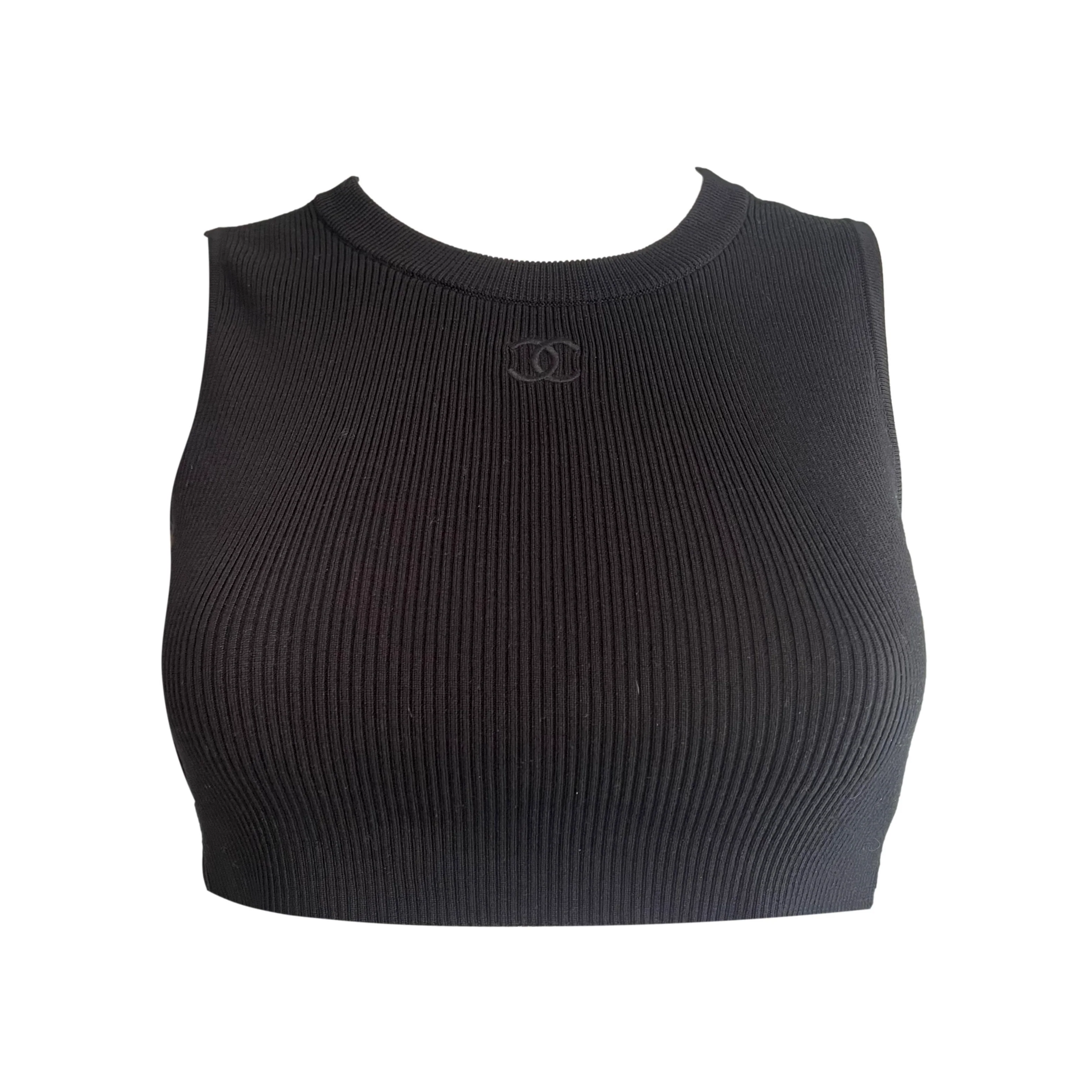 Chanel Black Logo Ribbed Crop Top