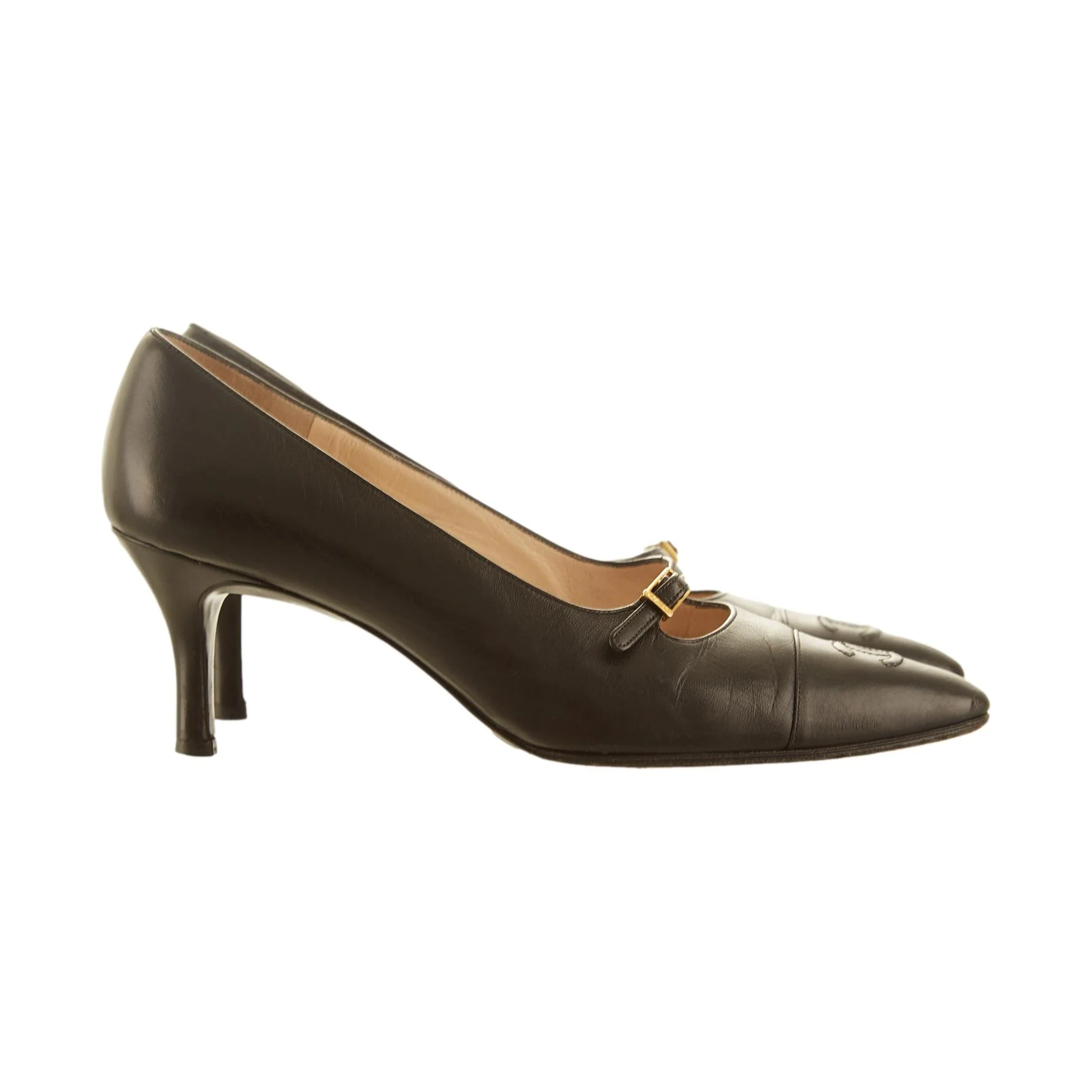 Chanel Black Logo Strap Heels - Image 3