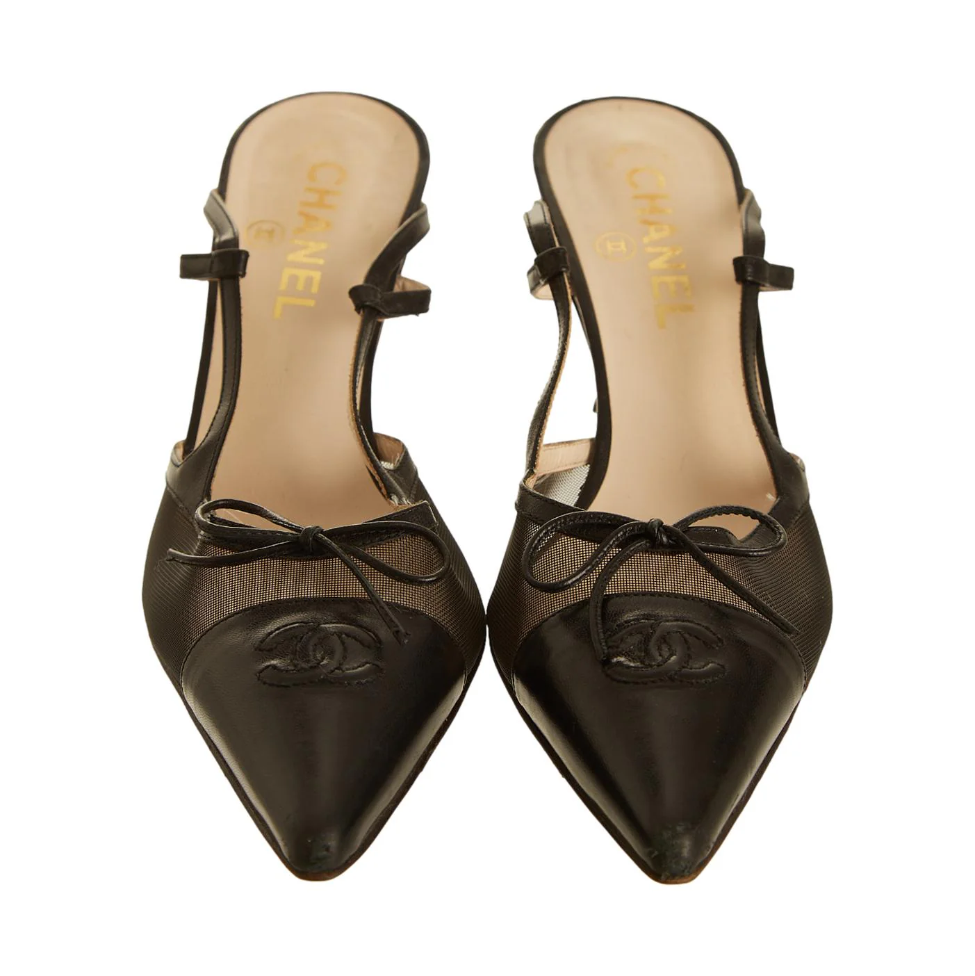 Chanel Black Mesh Logo Slingback Heels