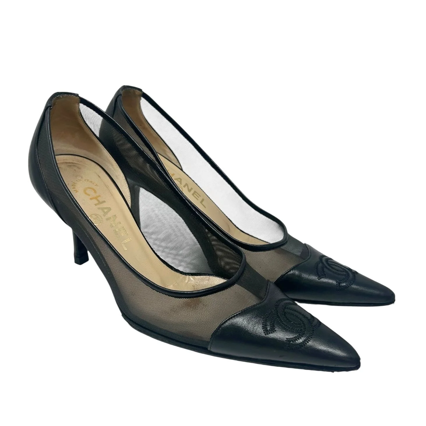 Chanel Black Mesh Logo Heels - Image 2