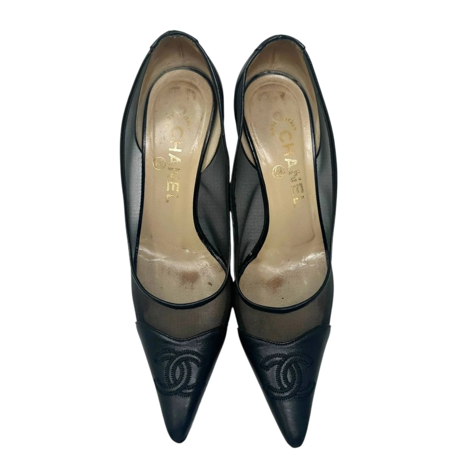 Chanel Black Mesh Logo Heels - Image 3