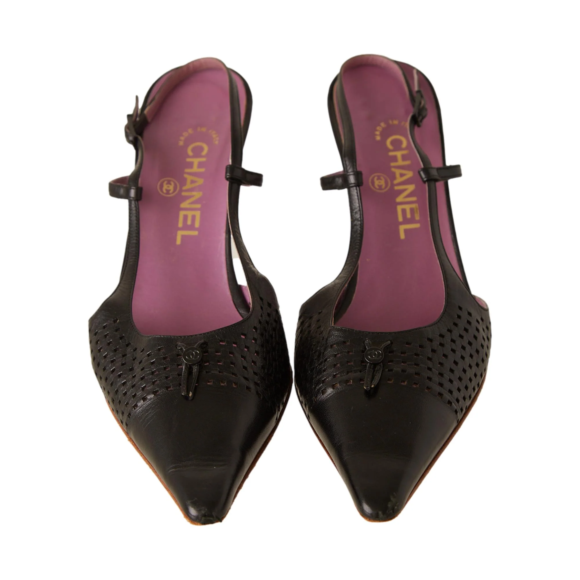 Chanel Black Perforated Sling Back Heels - Image 2