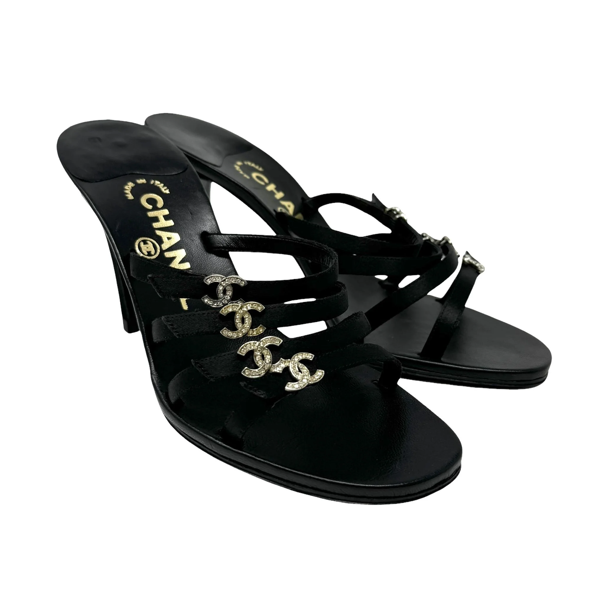 Chanel Black Rhinestone Logo Heels - Image 2