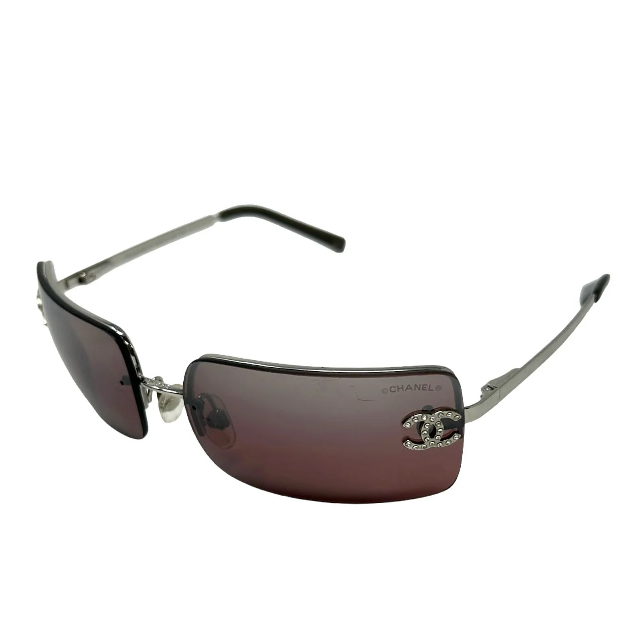 Chanel Dark Purple Rhinestone Logo Rimless Sunglasses