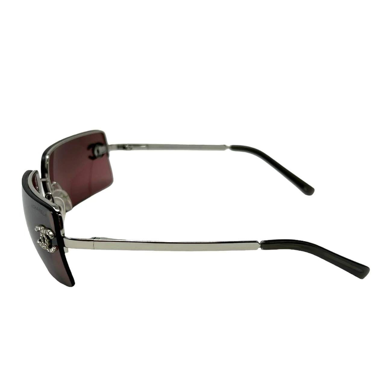 Chanel Dark Purple Rhinestone Logo Rimless Sunglasses - Image 3