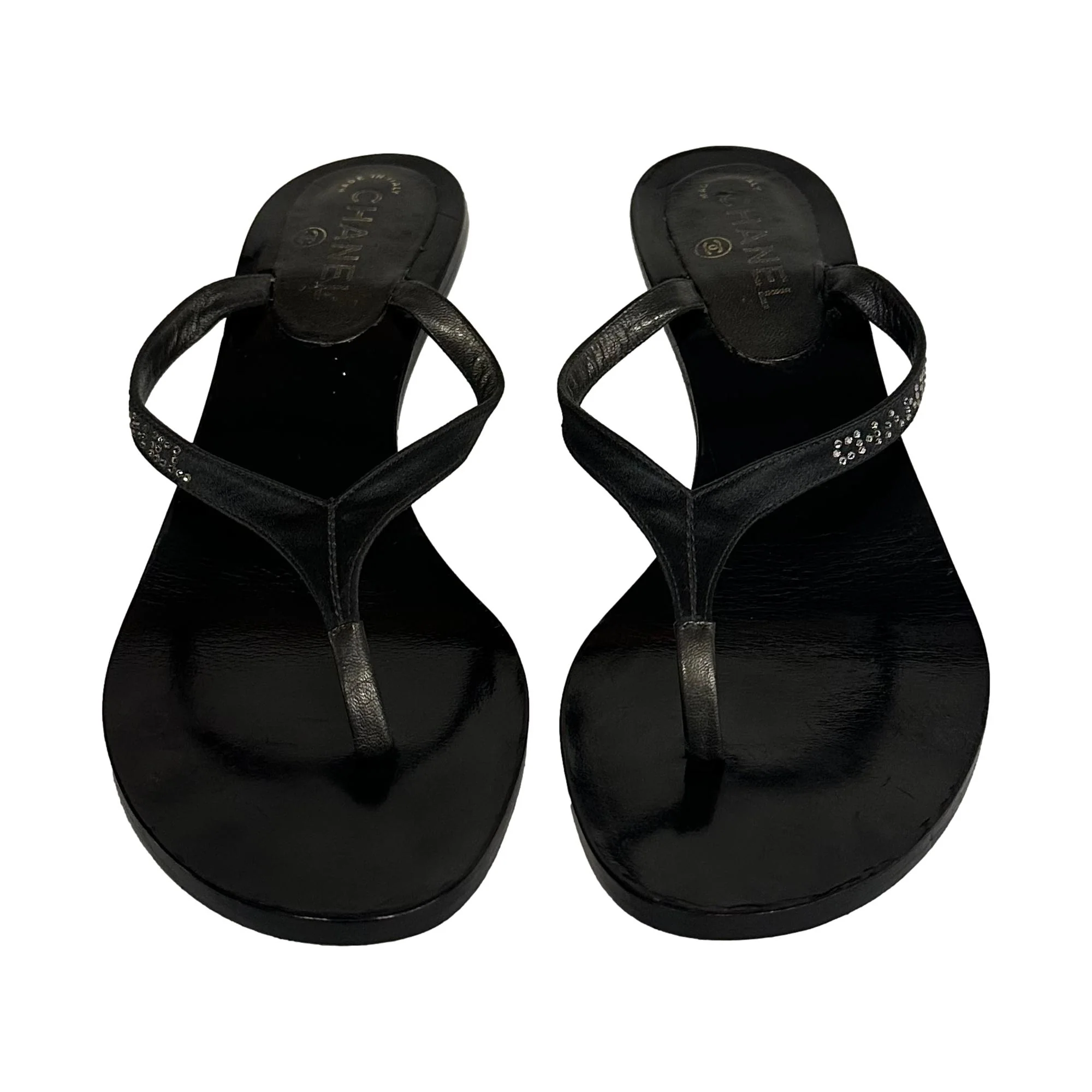 Chanel Black Rhinestone Logo Sandals - Image 2