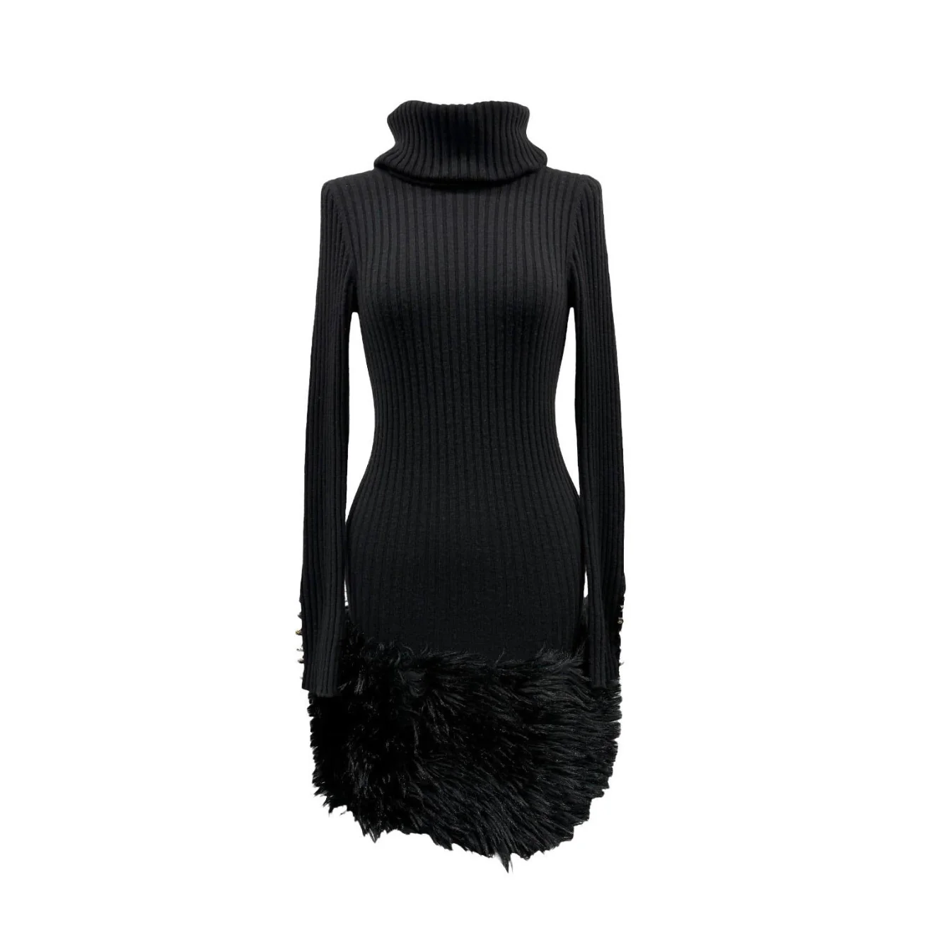 Chanel Black Ribbed 1994 Fur Logo Dress