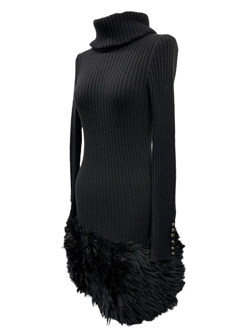 Chanel Black Ribbed 1994 Fur Logo Dress - Image 3